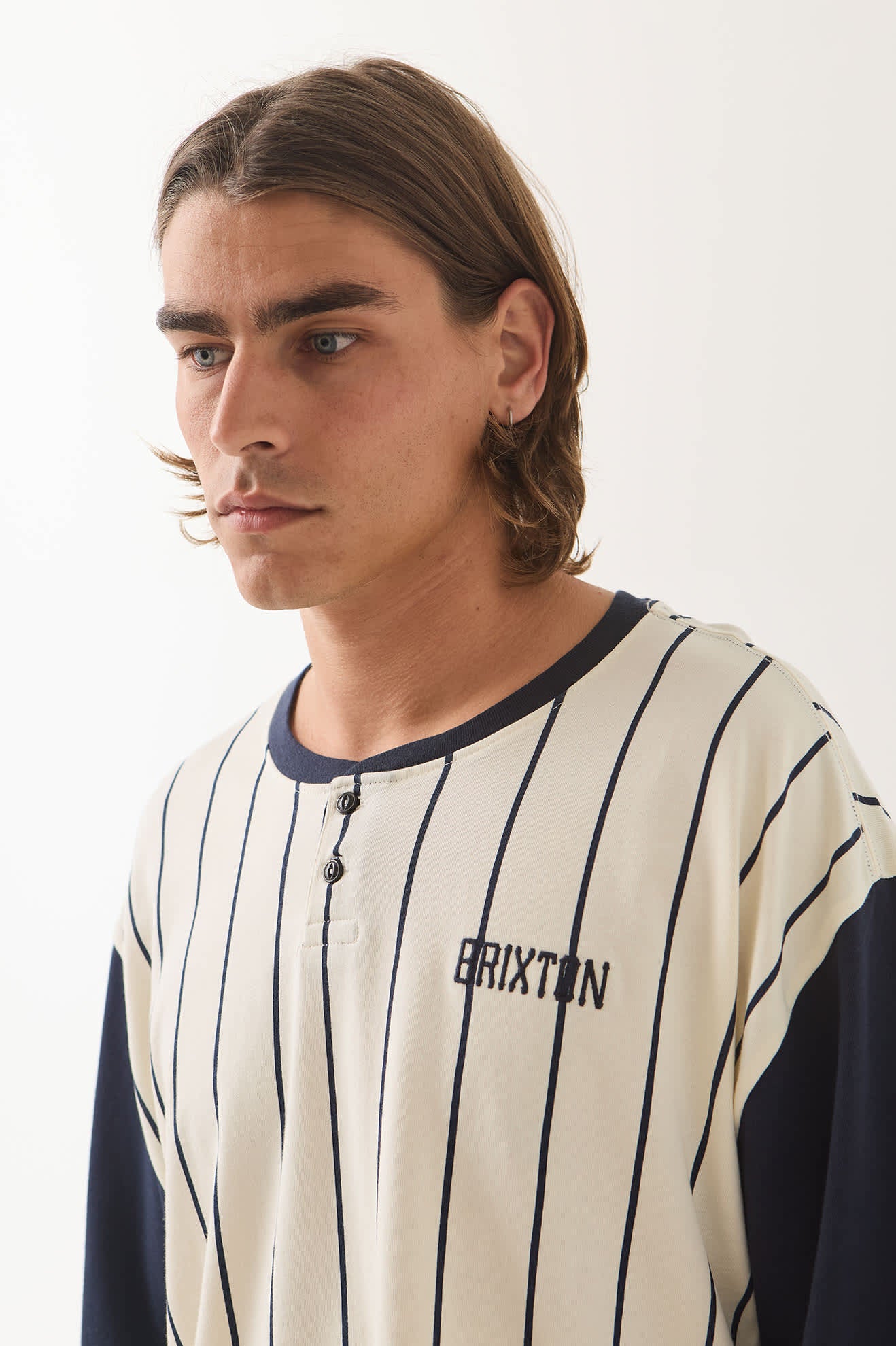 Men's Boxy Baseball T-Shirt in the color Off White Stripe/Washed Navy - Men's Side View