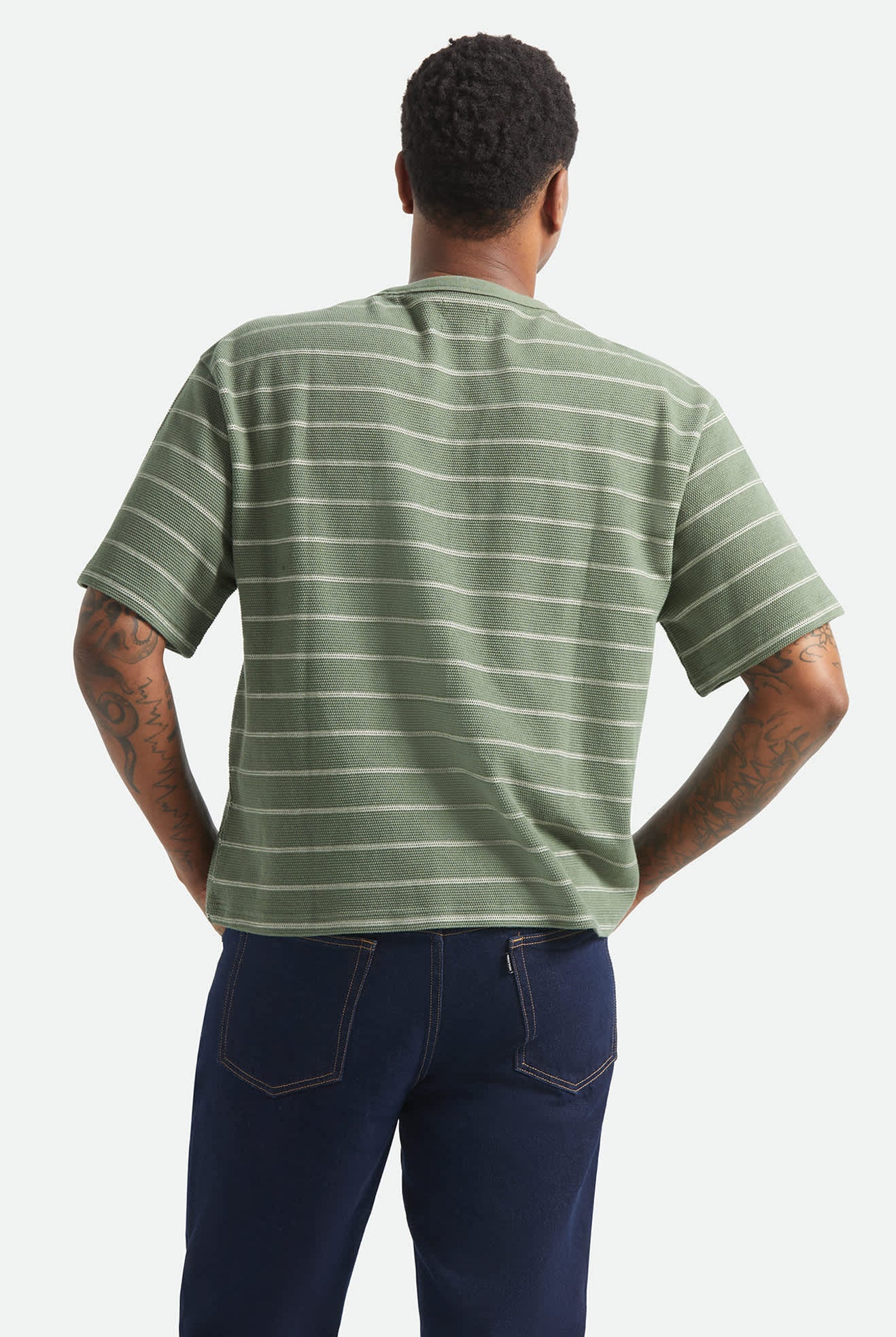 Men's Parsons Stripped Pique Boxy T-Shirt in the color Dark Olive/Whitecap - Men's Back View