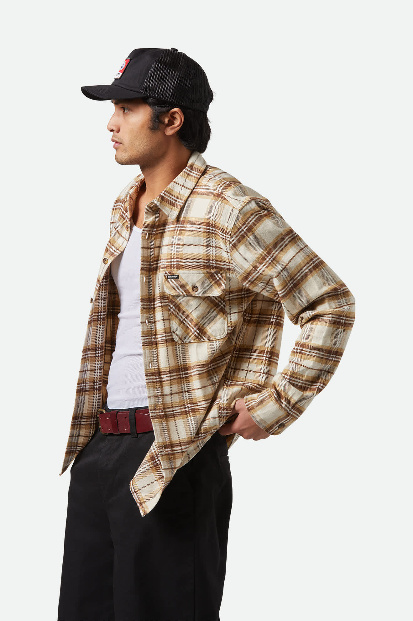 Men's Bowery L/S Flannel in the color Whitecap/Sand/Pinecone Brown - Men's Side View