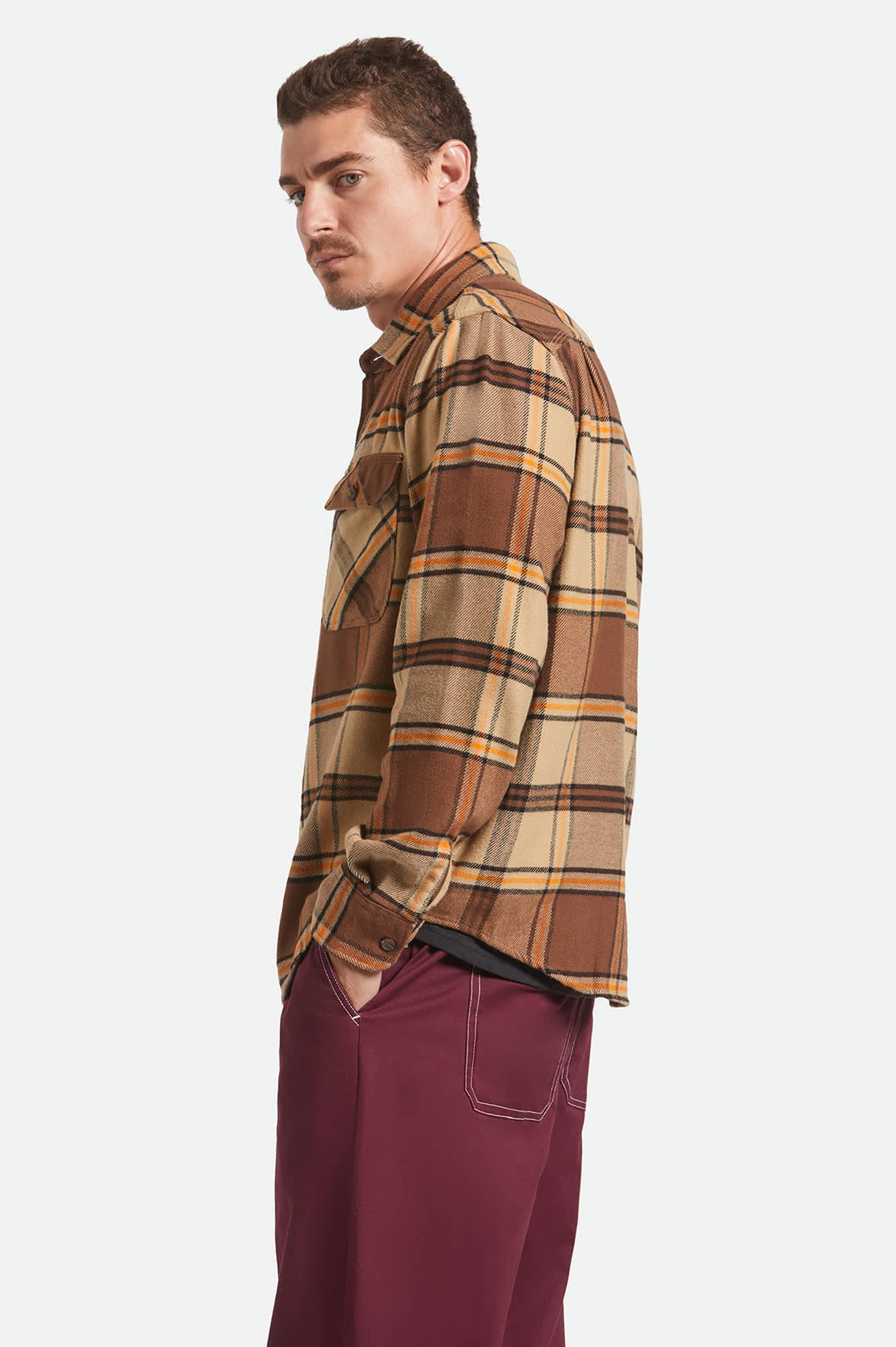 Men's Bowery L/S Flannel in the color Sand/Pinecone/Solar Orange - Men's Side View