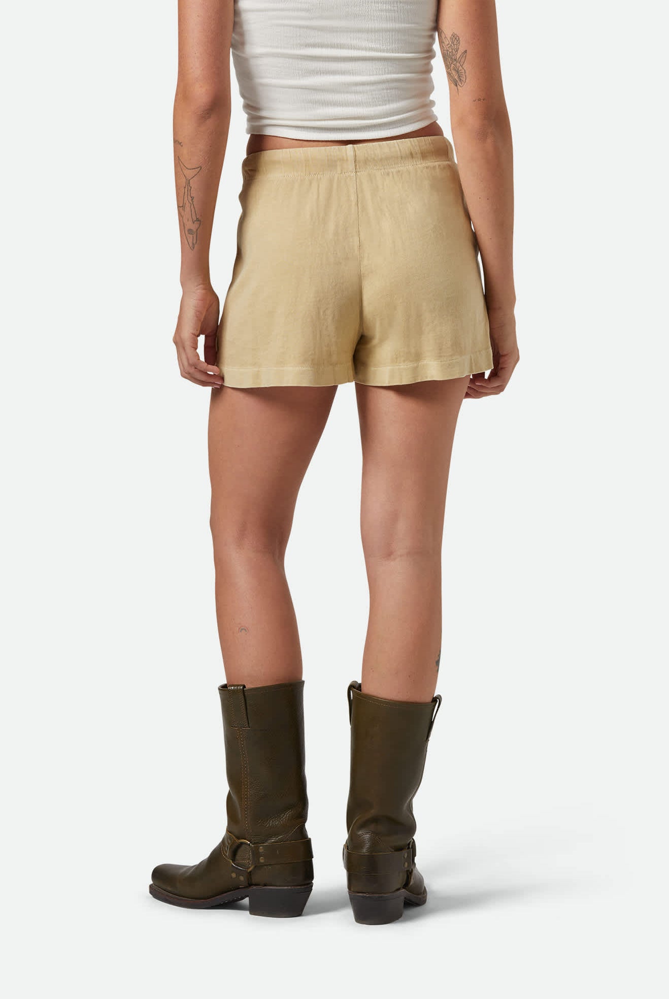 Women's Carefree Organic Garment Dyed Lounge Short in the color Pale Khaki - Women's Back View