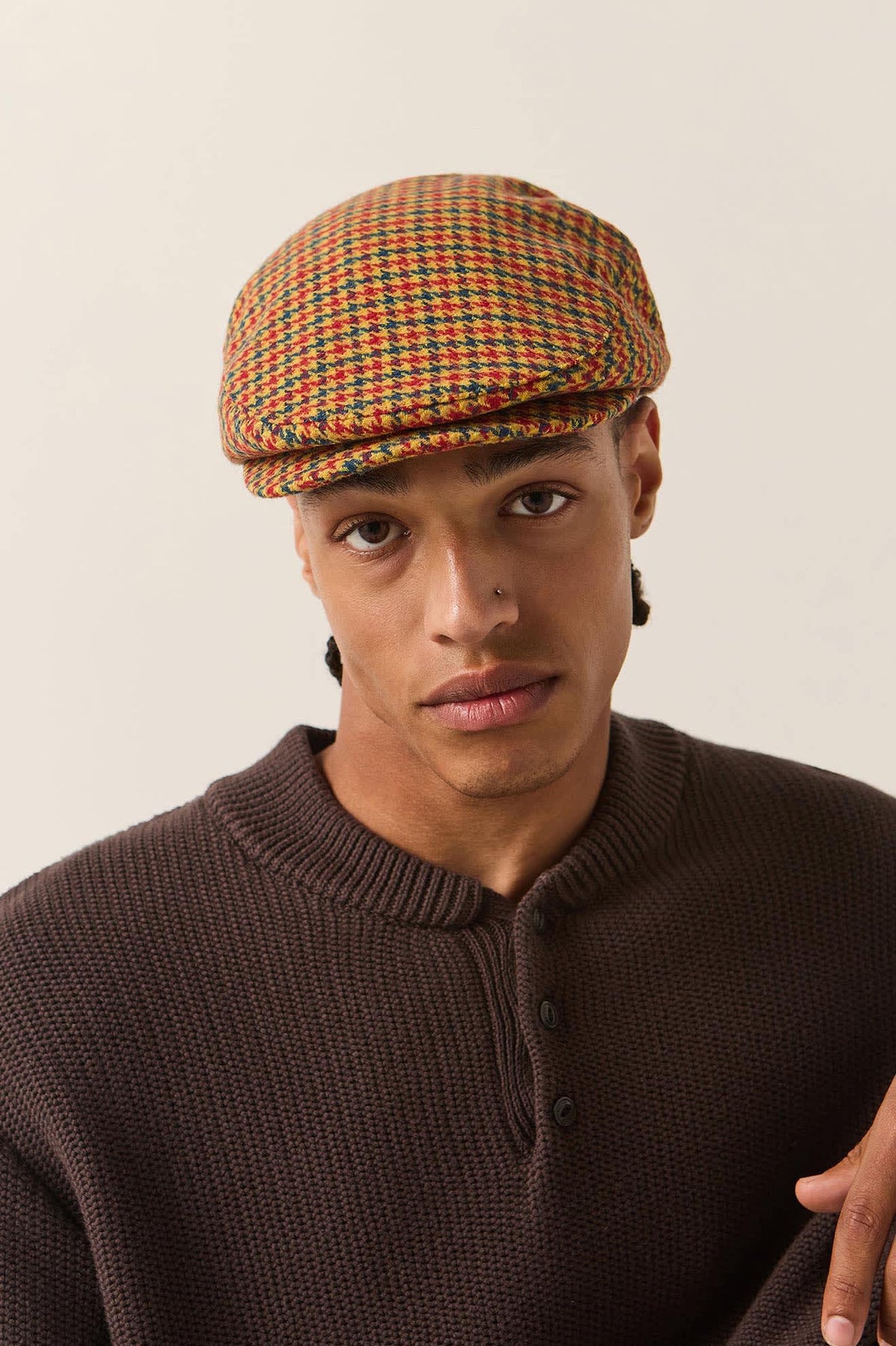 Unisex Hooligan Flat Cap in the color Taupe/Orange/Royal - Men's Front View