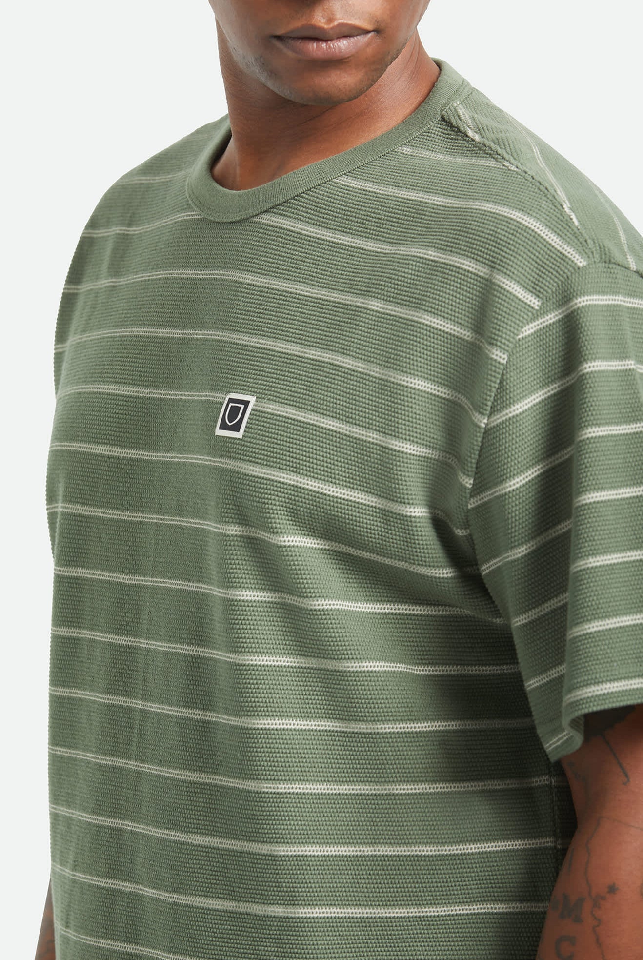 Men's Parsons Stripped Pique Boxy T-Shirt in the color Dark Olive/Whitecap - Additional Fit image