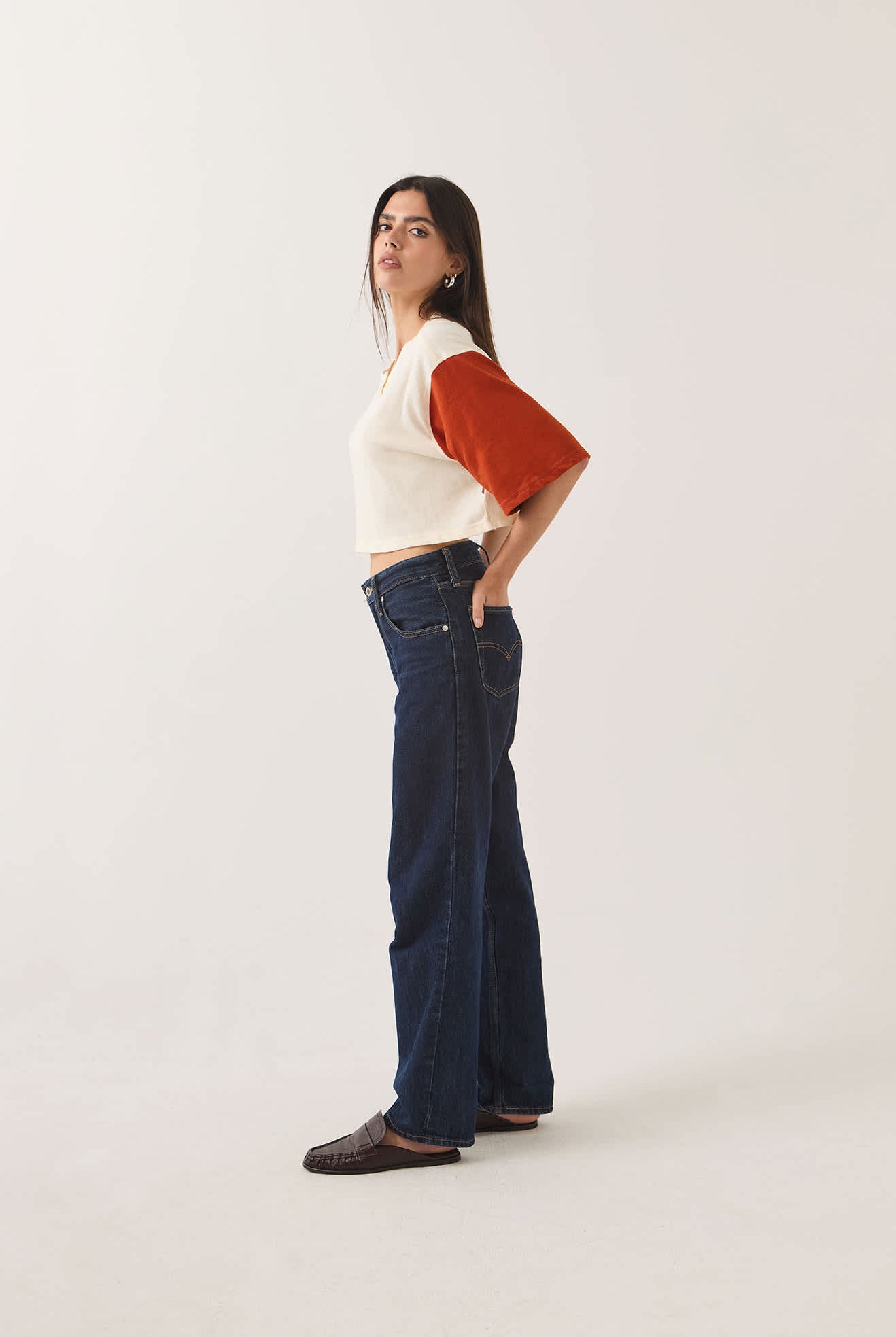 Women's Carefree Organic Garment Dye Cropped Henley in the color Off White/Rust - Women's Side View