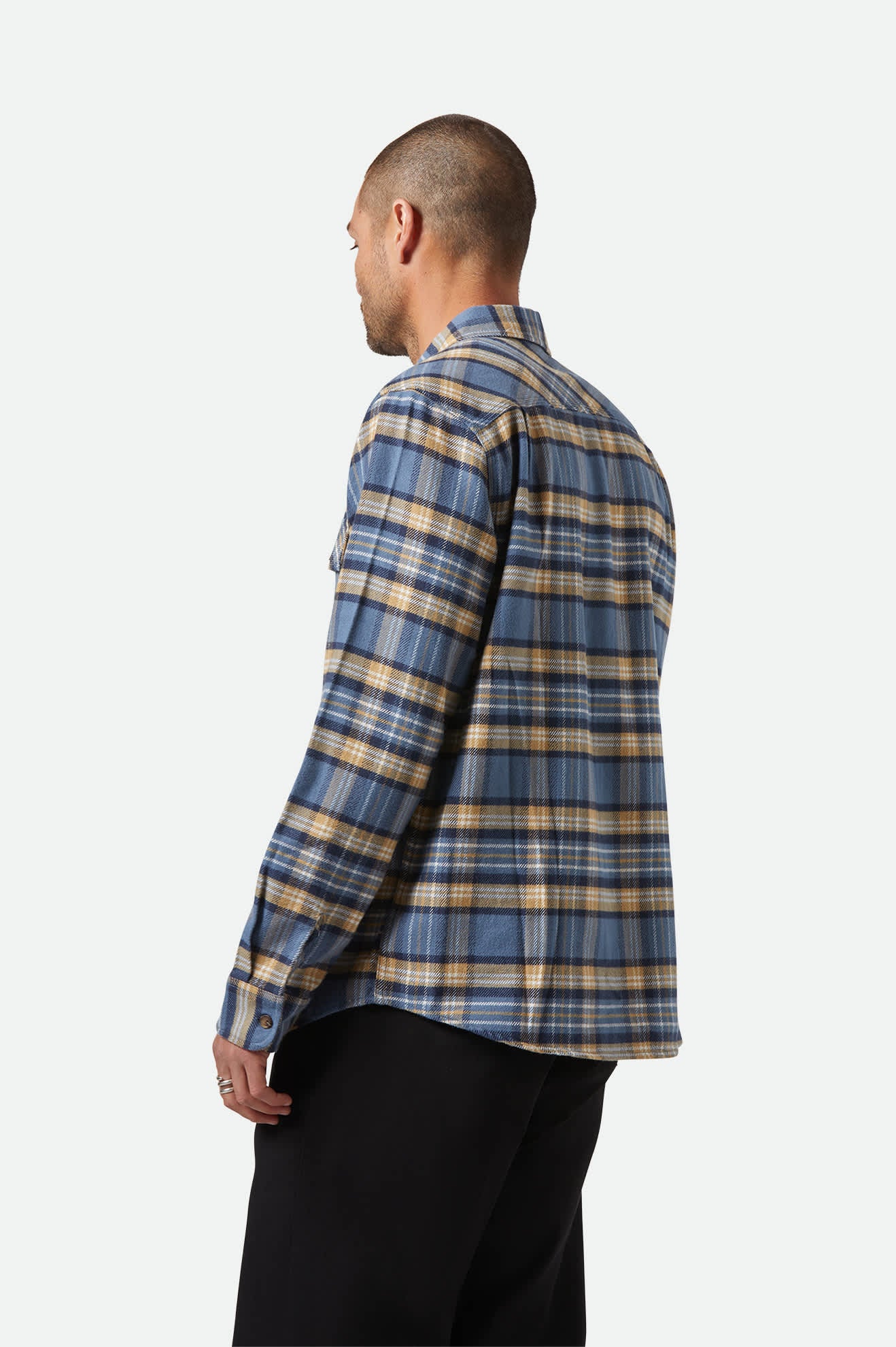 Men's Bowery L/S Flannel in the color Azure Blue/Washed Navy/Sand - Men's Back View