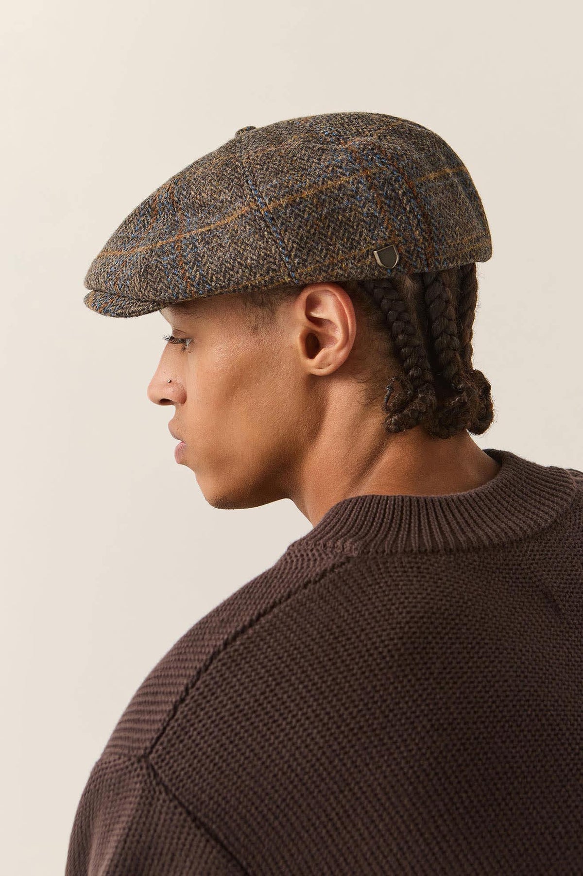 Unisex Brood Newsboy Cap in the color Slate Blue/Sepia/Orange - Men's Back View