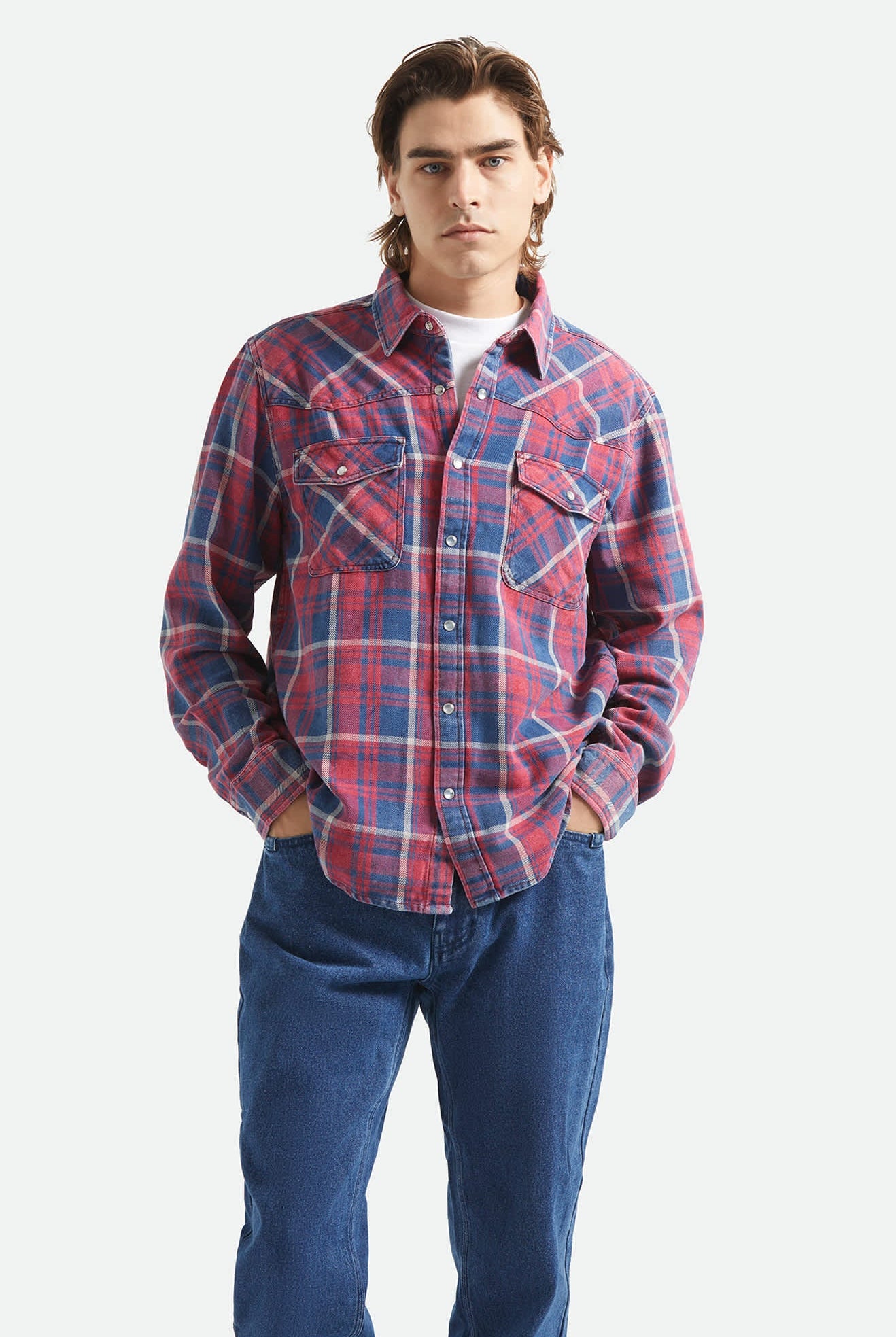Men's Waylon Lightweight Overshirt in the color Denim Plaid - Men's Front View