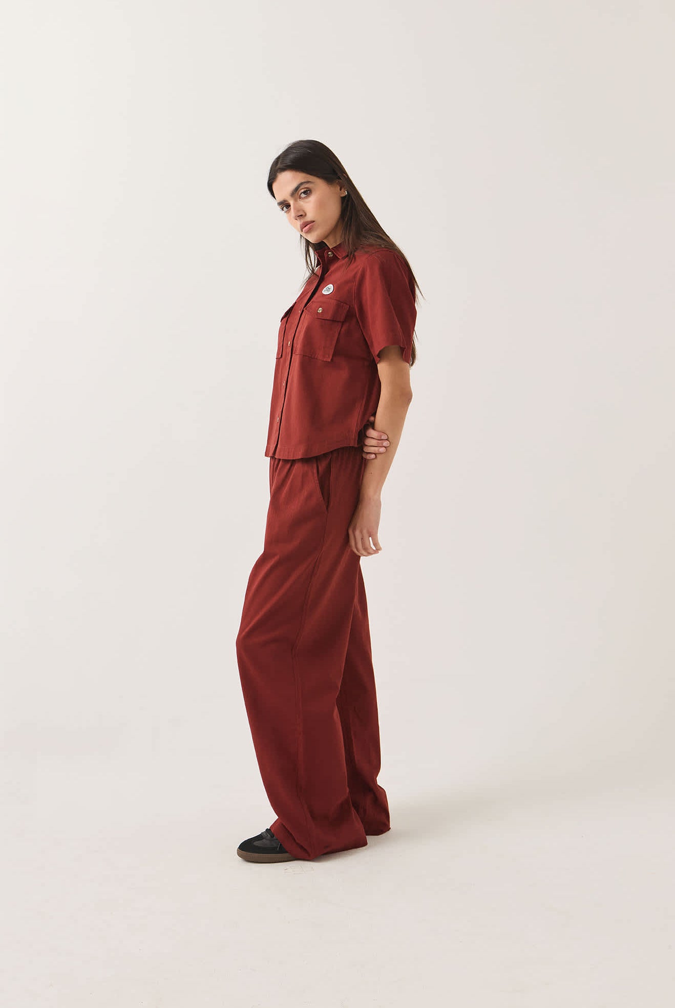 Women's Mechanics Women's Shirt in the color Dark Brick - Women's Side View