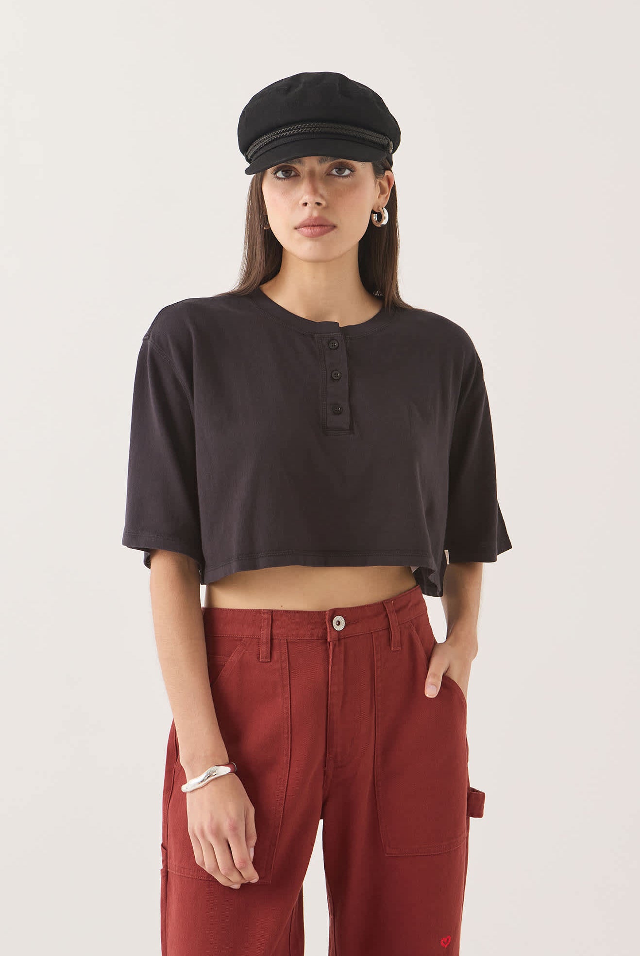 Women's Carefree Organic Garment Dye Cropped Henley in the color Black - Women's Front View