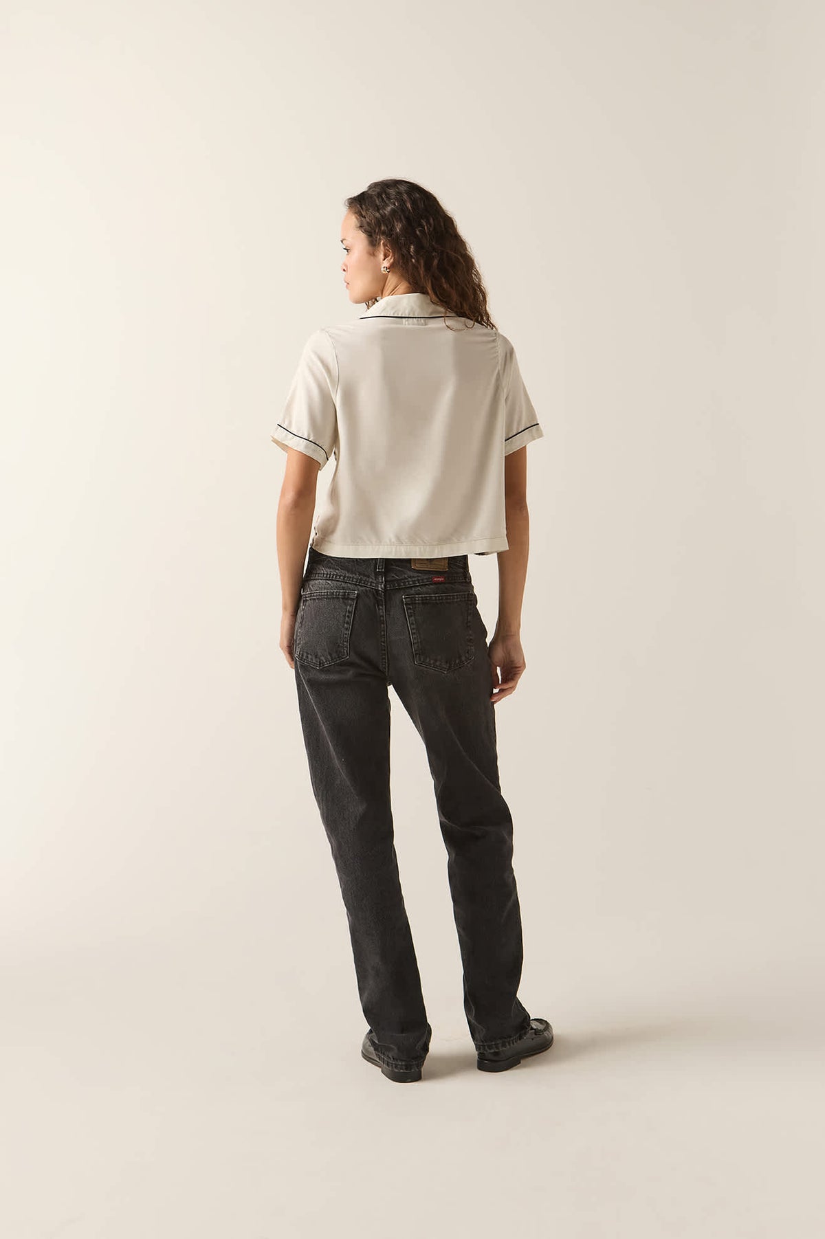 Women's Silky Bowling Button Down Shirt in the color Khaki/Off White/Black Micro - Additional Fit image