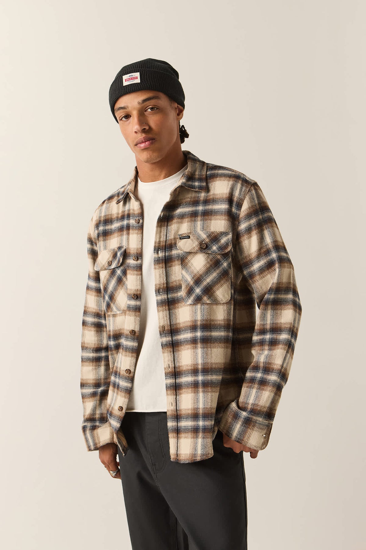 Men's Bowery Flannel in the color Soft Brown Plaid - Men's Side View