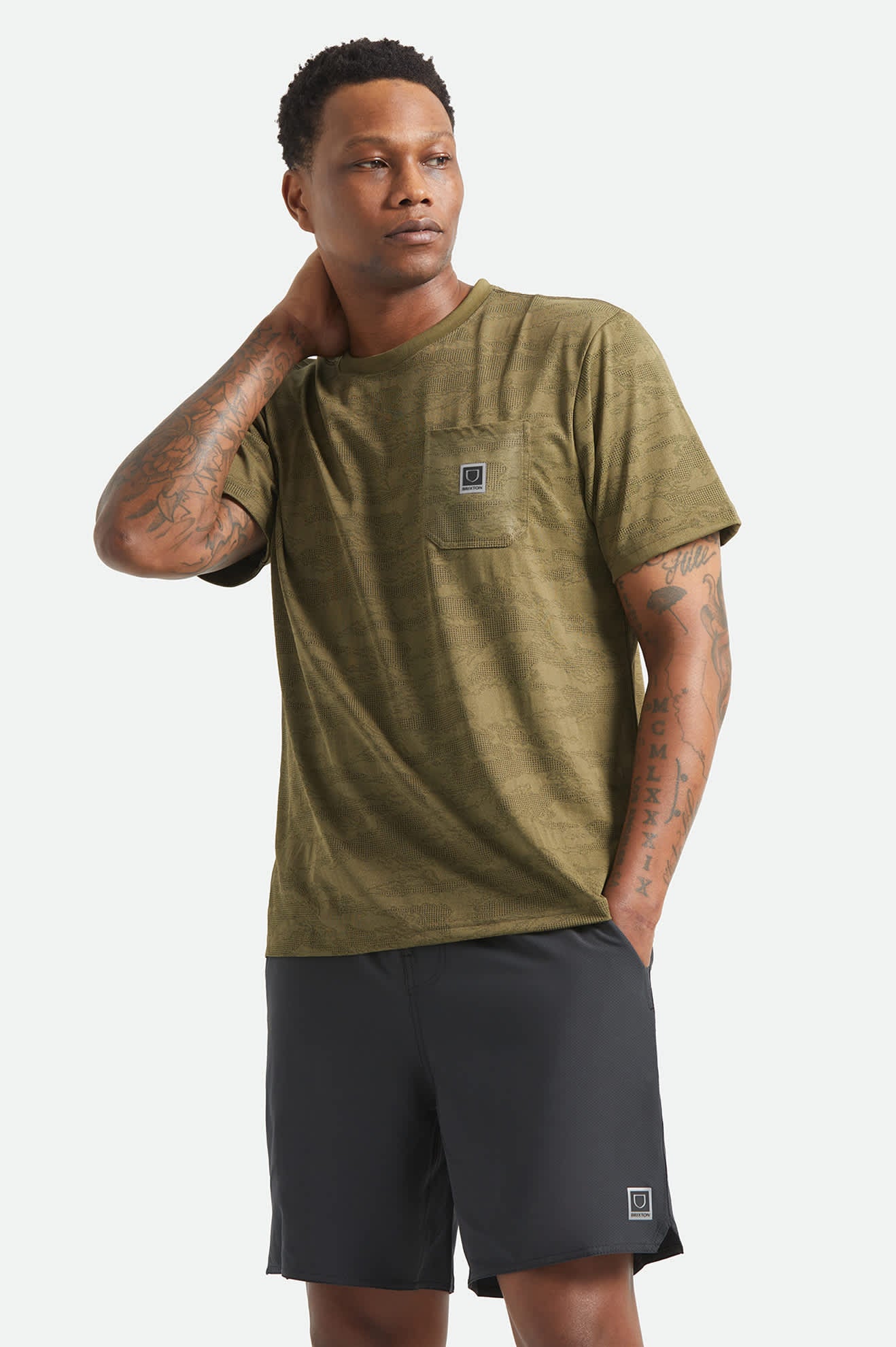 Men's Journey Short Sleeve Pocket T-Shirt in the color Olive Tiger Camo - Men's Front View
