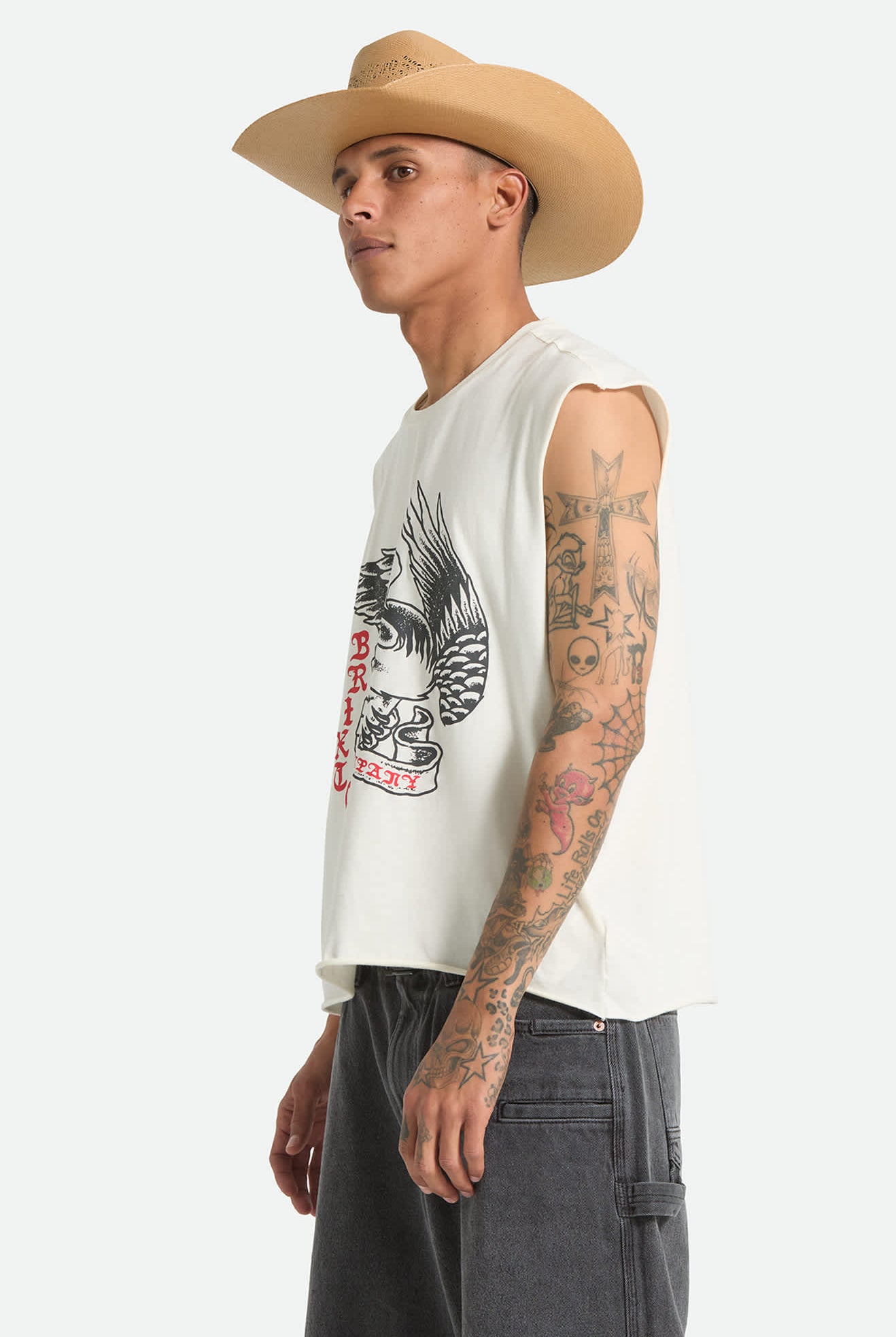 Men's Wolcott Worn In Boxy Muscle Tank in the color Off White - Men's Side View