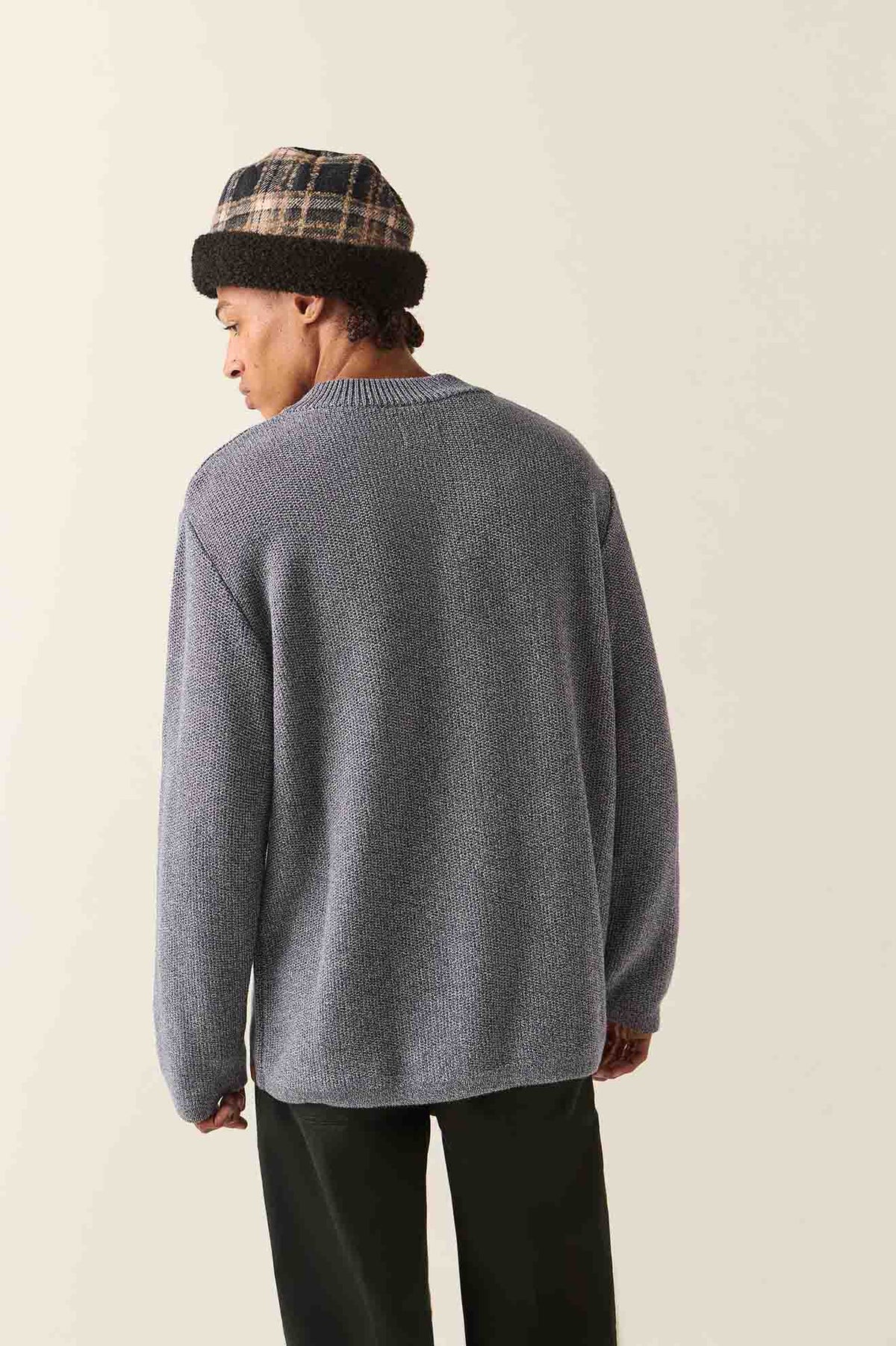 Men's Belgrade Sweater in the color Marled Blue - Men's Back View
