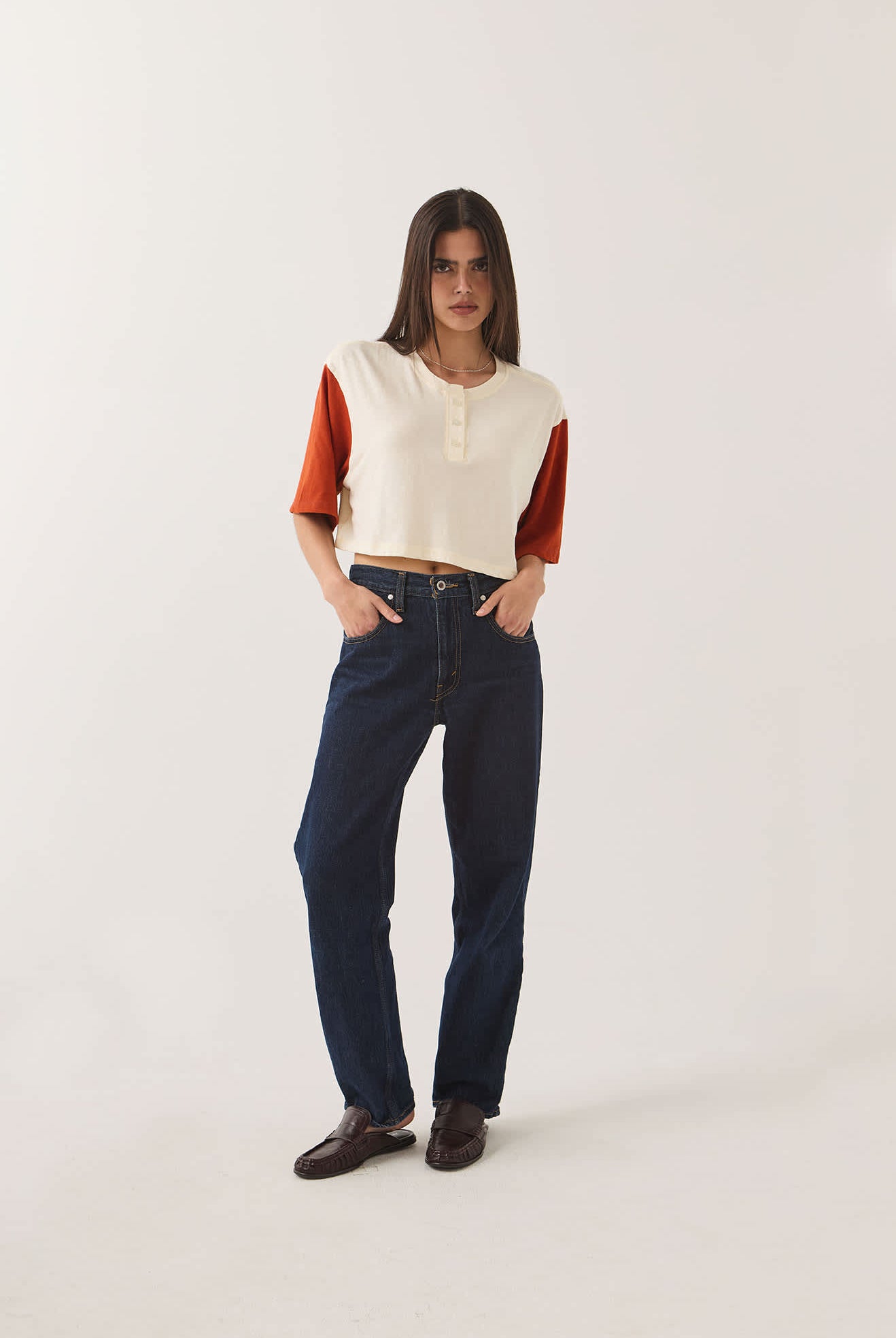 Women's Carefree Organic Garment Dye Cropped Henley in the color Off White/Rust - Women's Front View