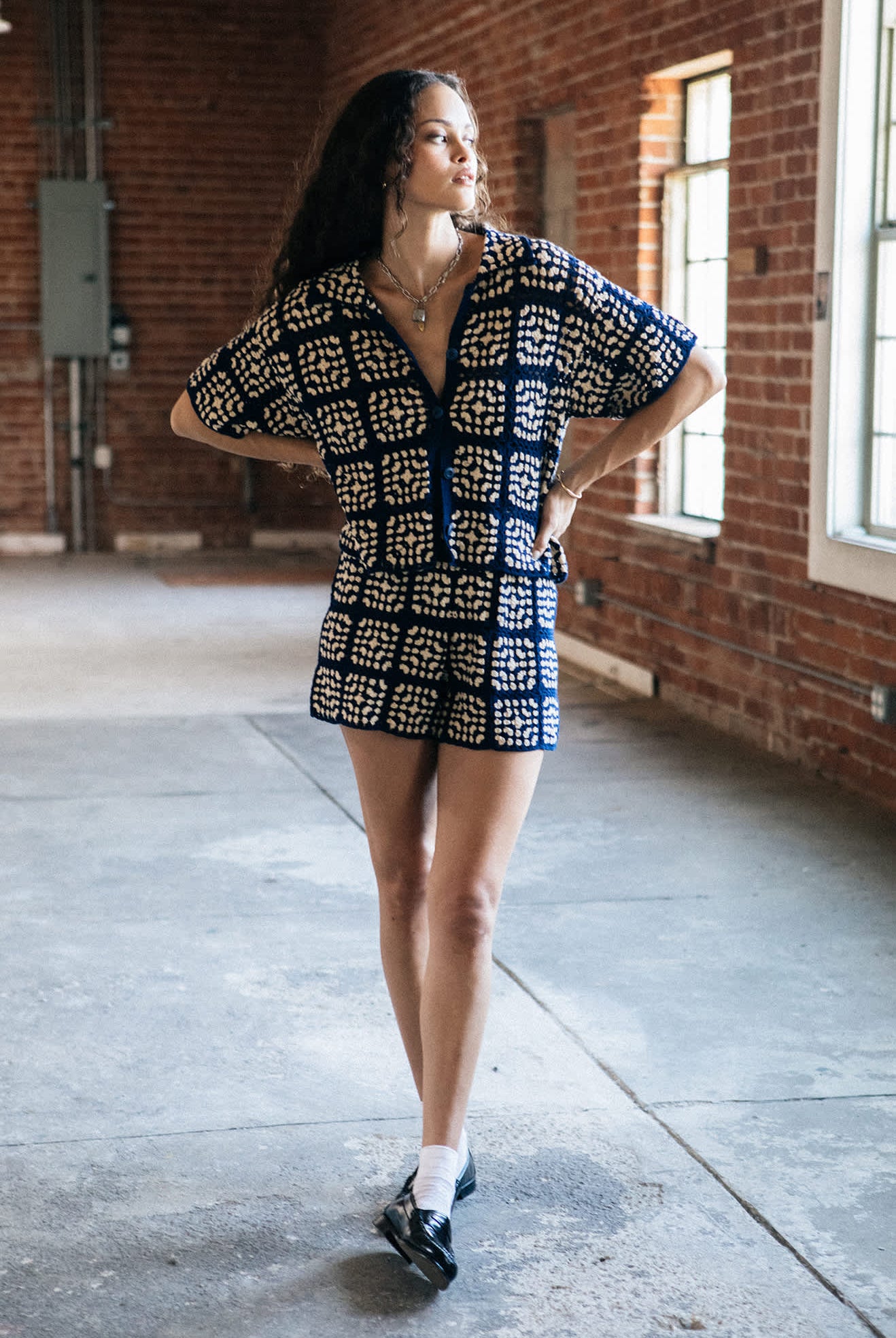 Women's Crochet S/S Button Down in the color Mood Indigo/Off White - Men's Lifestyle image