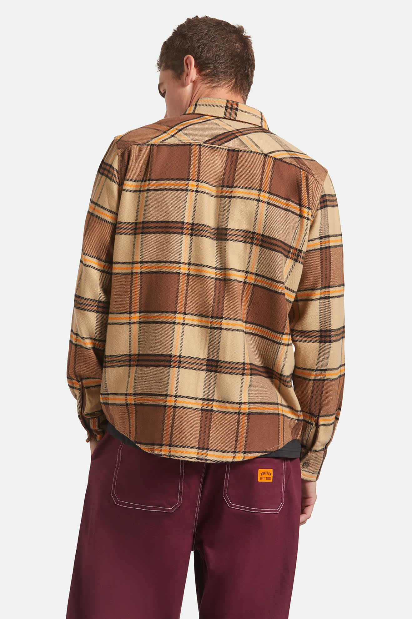 Men's Bowery L/S Flannel in the color Sand/Pinecone/Solar Orange - Men's Back View