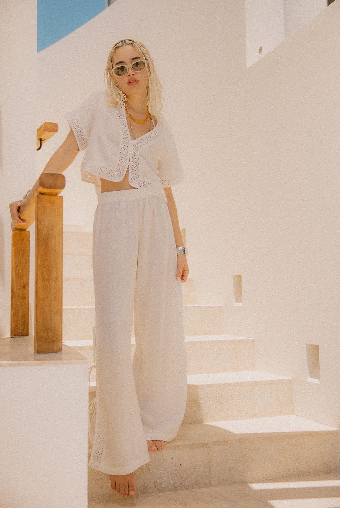 Women's Seaside Eyelet Wide Leg Pant in the color Off White Eyelet - Men's Lifestyle image