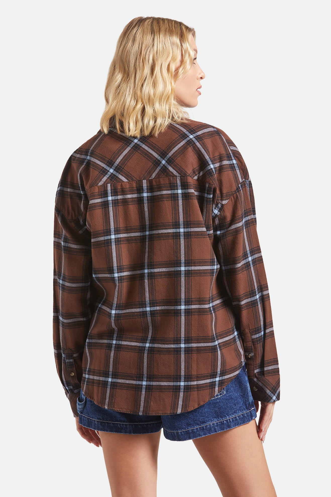 Women's Bowery Vintage Overshirt in the color Pinecone Brown/Black/Borrowed Blue - Women's Back View