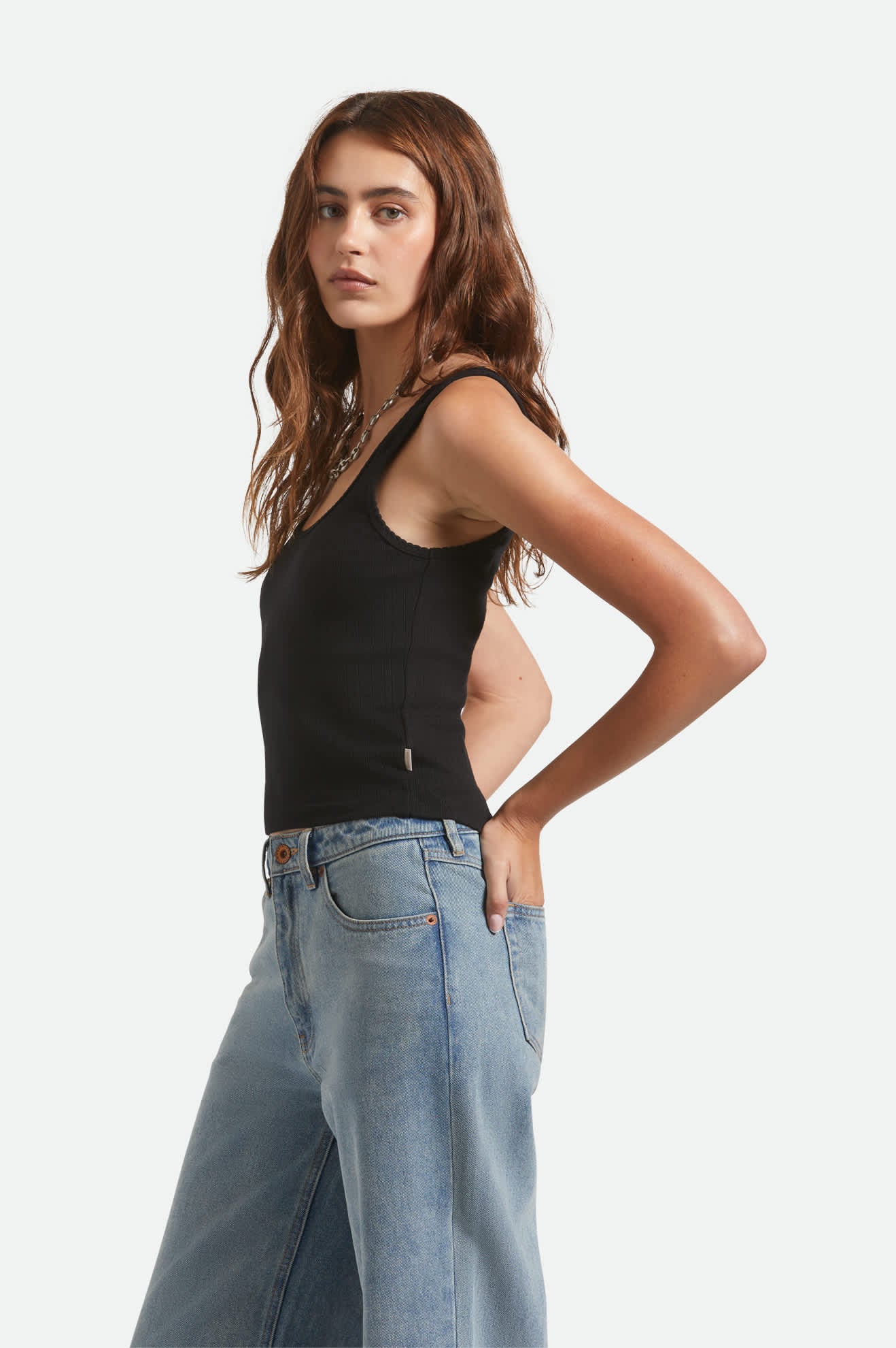 Women's Pointelle Slim Fit Tank in the color Black - Women's Side View