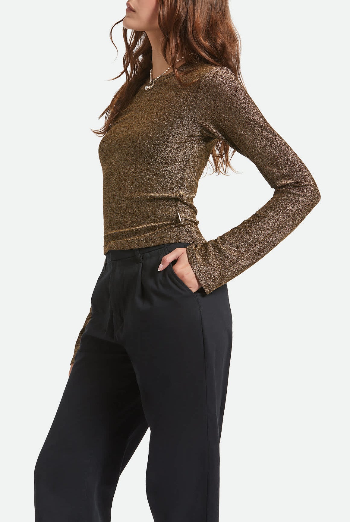 Women's Dolly Slim L/S Knit T-Shirt in the color Gold Metallic - Women's Side View