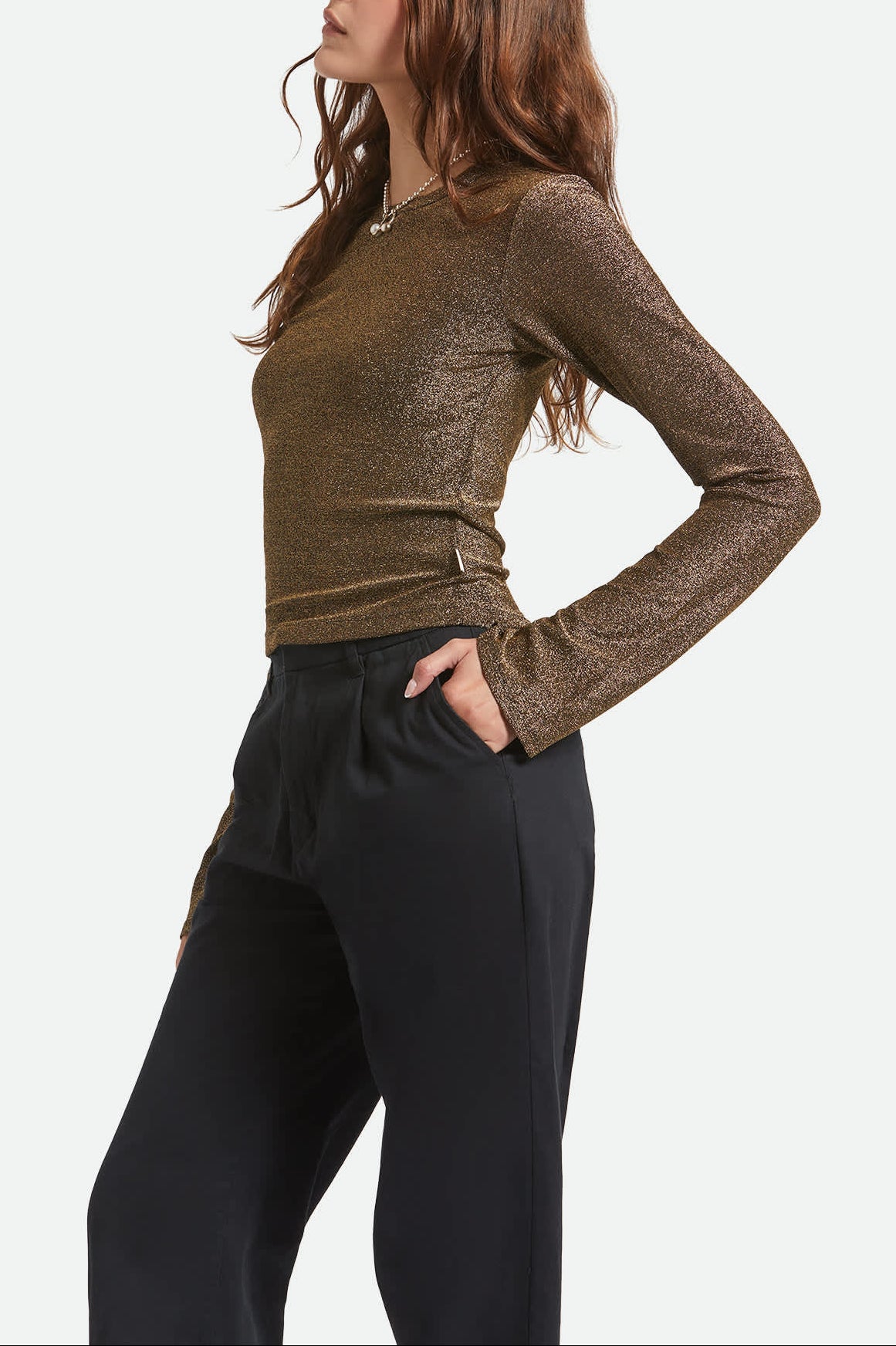 Women's Dolly Slim L/S Knit T-Shirt in the color Gold Metallic - Women's Side View