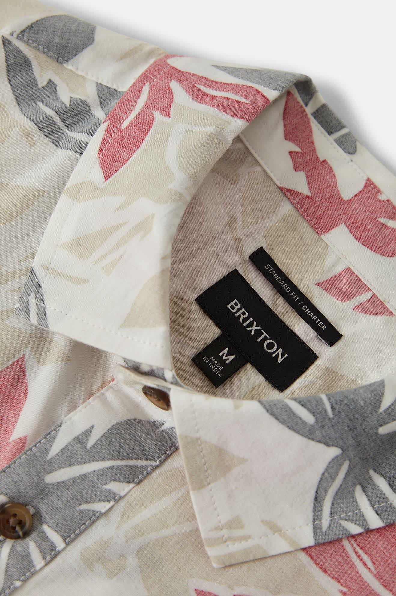 Men's Charter Print Short Sleeve Shirt in the color Off White/Black/Red Palm Floral - Additional Laydown image