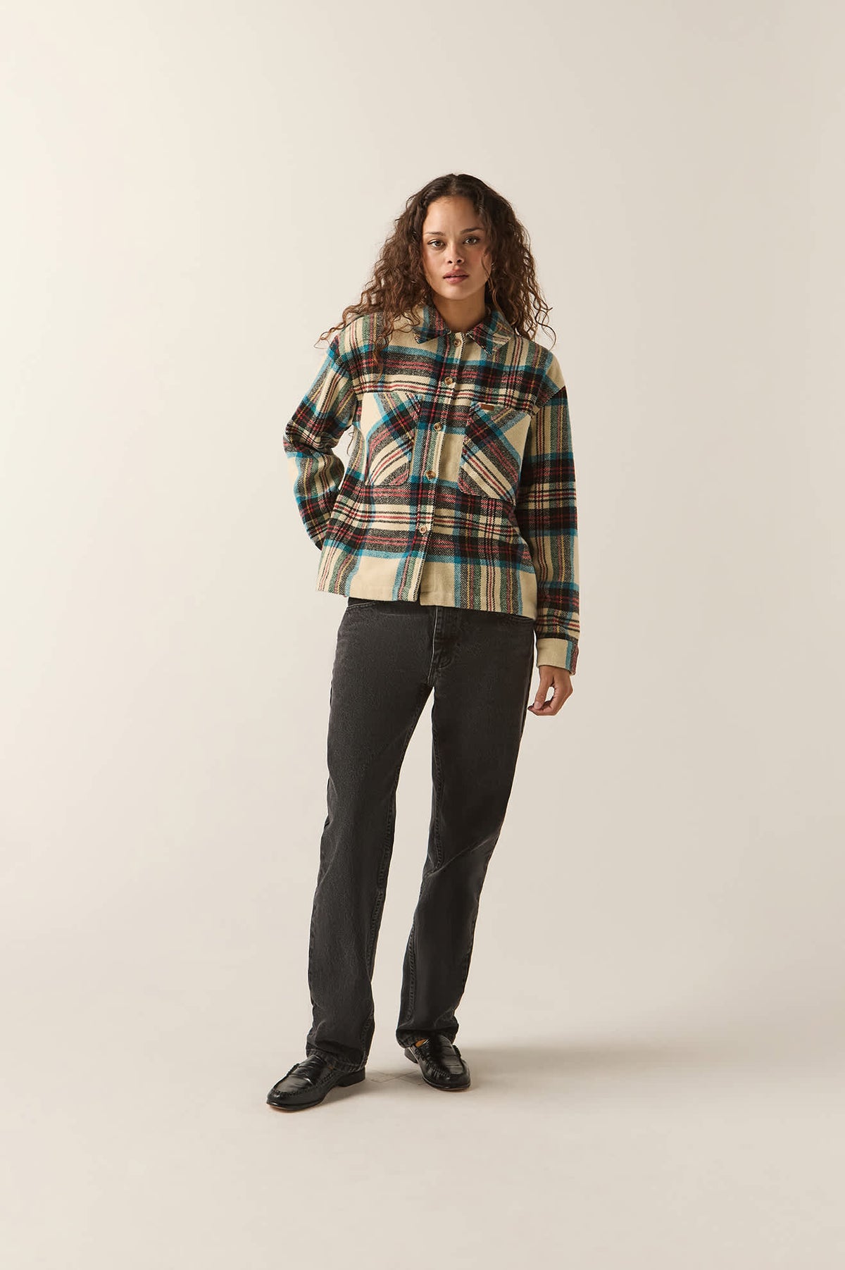 Women's Bowery Women's Soft Brushed Flannel in the color Off White Black/Tranquil Blue - Women's Front View