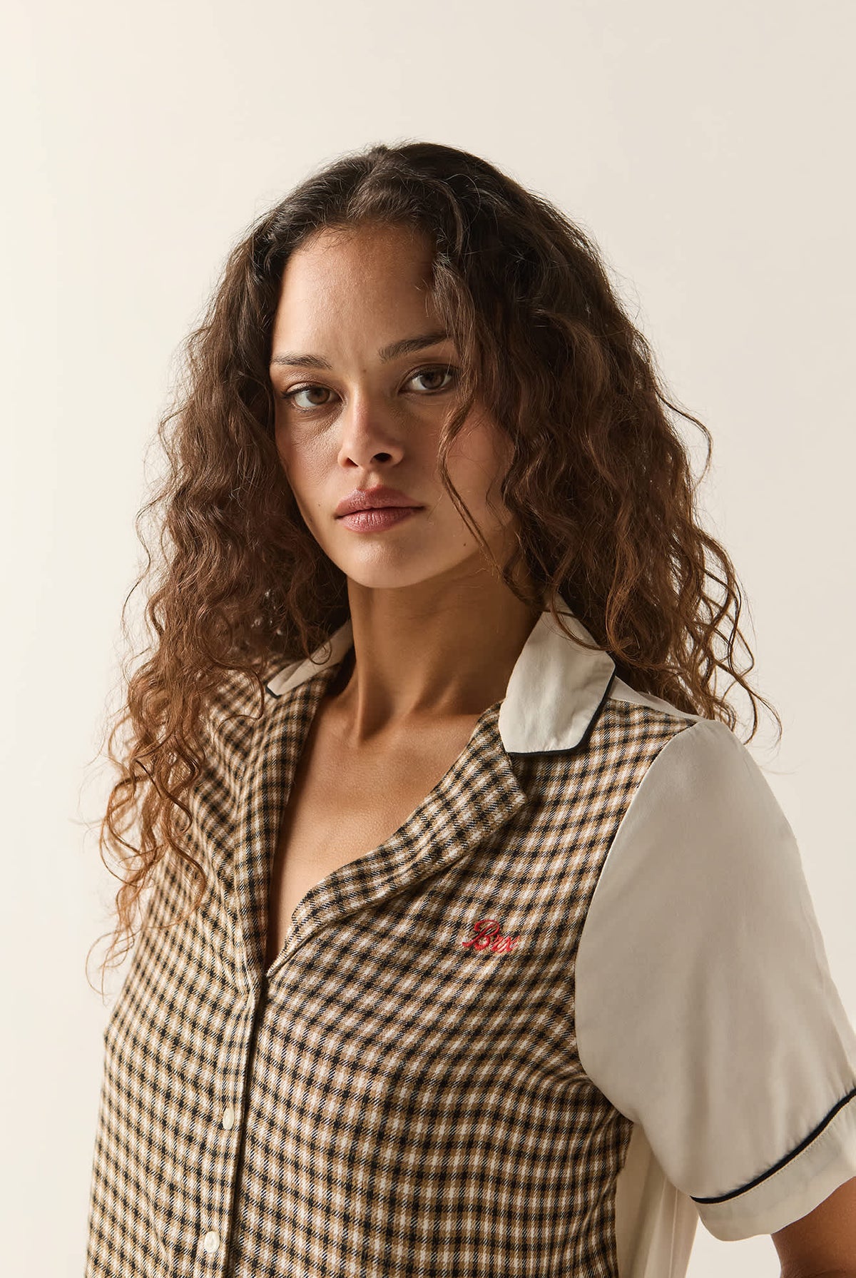 Women's Silky Bowling Button Down Shirt in the color Khaki/Off White/Black Micro - Women's Side View