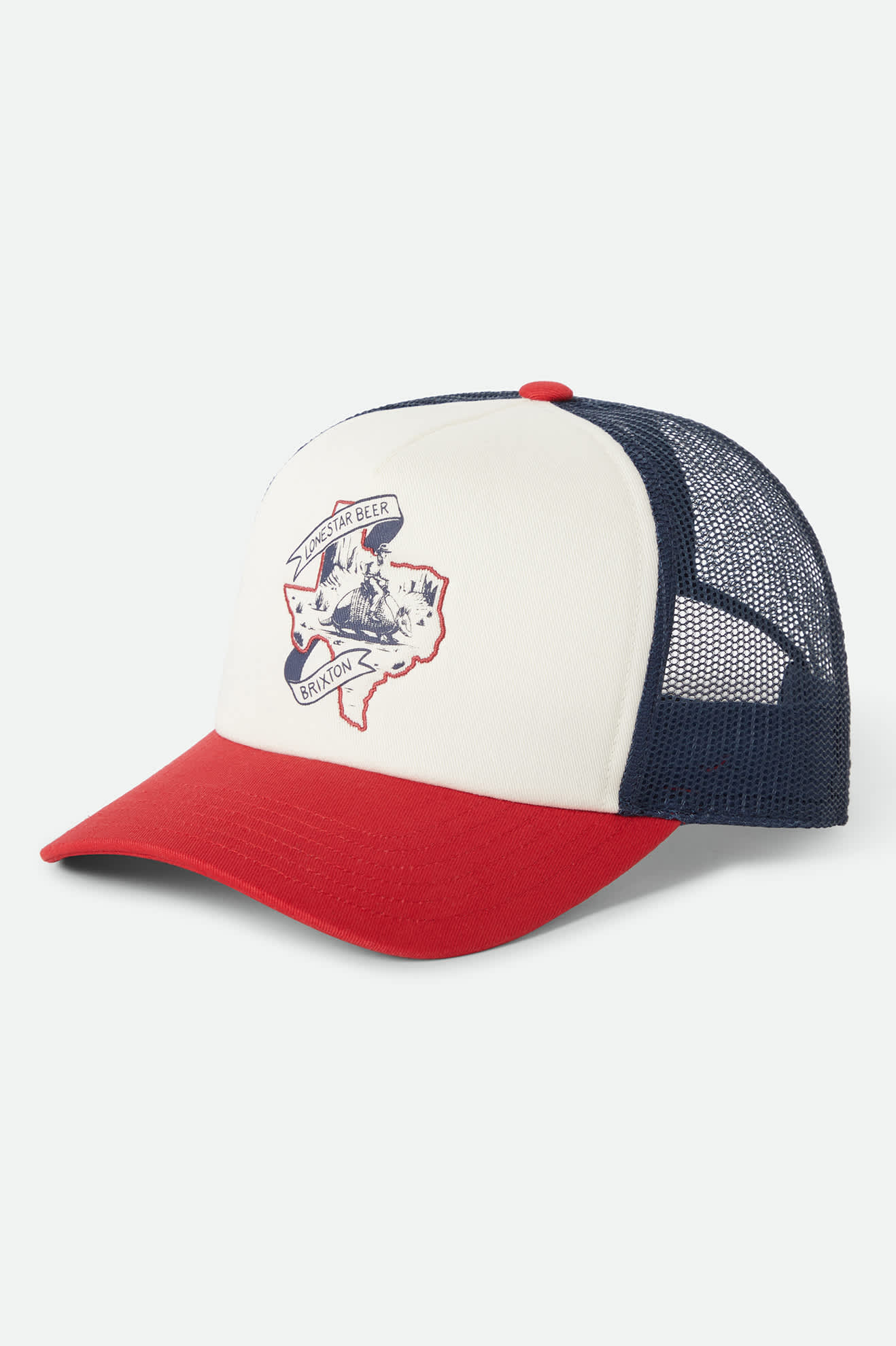 Unisex Lone Star X Brixton Trucker Hat in the color Red/White/Blue - Front Product View