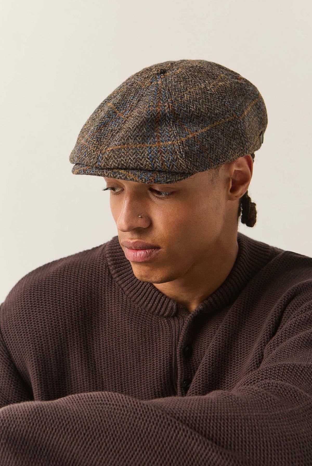 Unisex Brood Newsboy Cap in the color Slate Blue/Sepia/Orange - Men's Side View