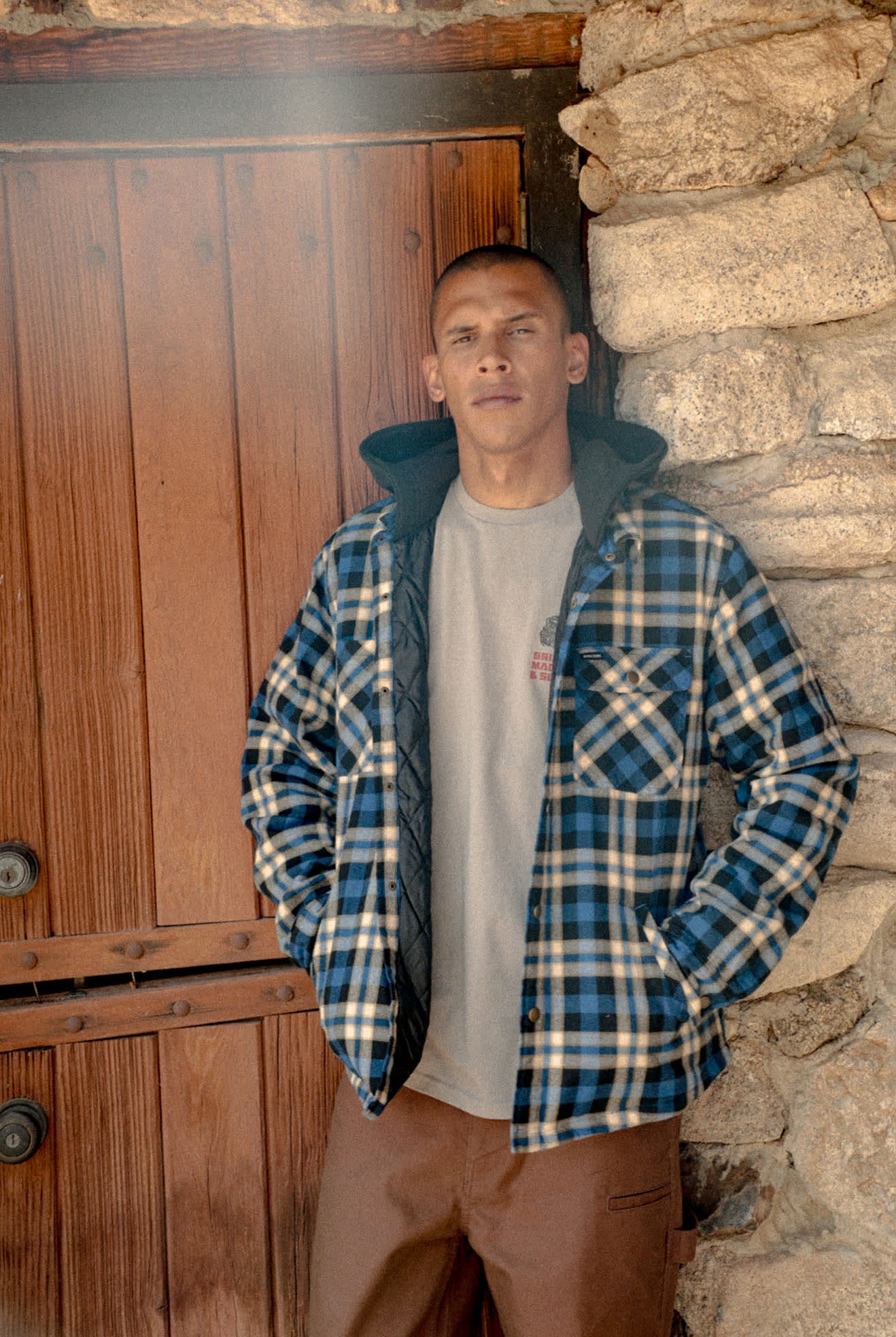 Men's Bowery Quilited Hooded Flannel in the color Navy/Cream - Men's Lifestyle image