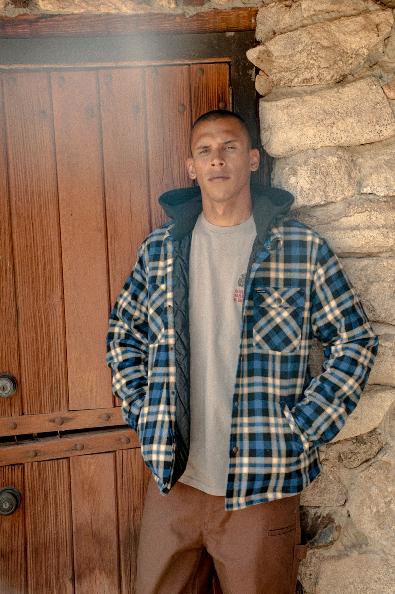 Men's Bowery Quilited Hooded Flannel in the color Navy/Cream - Men's Lifestyle image