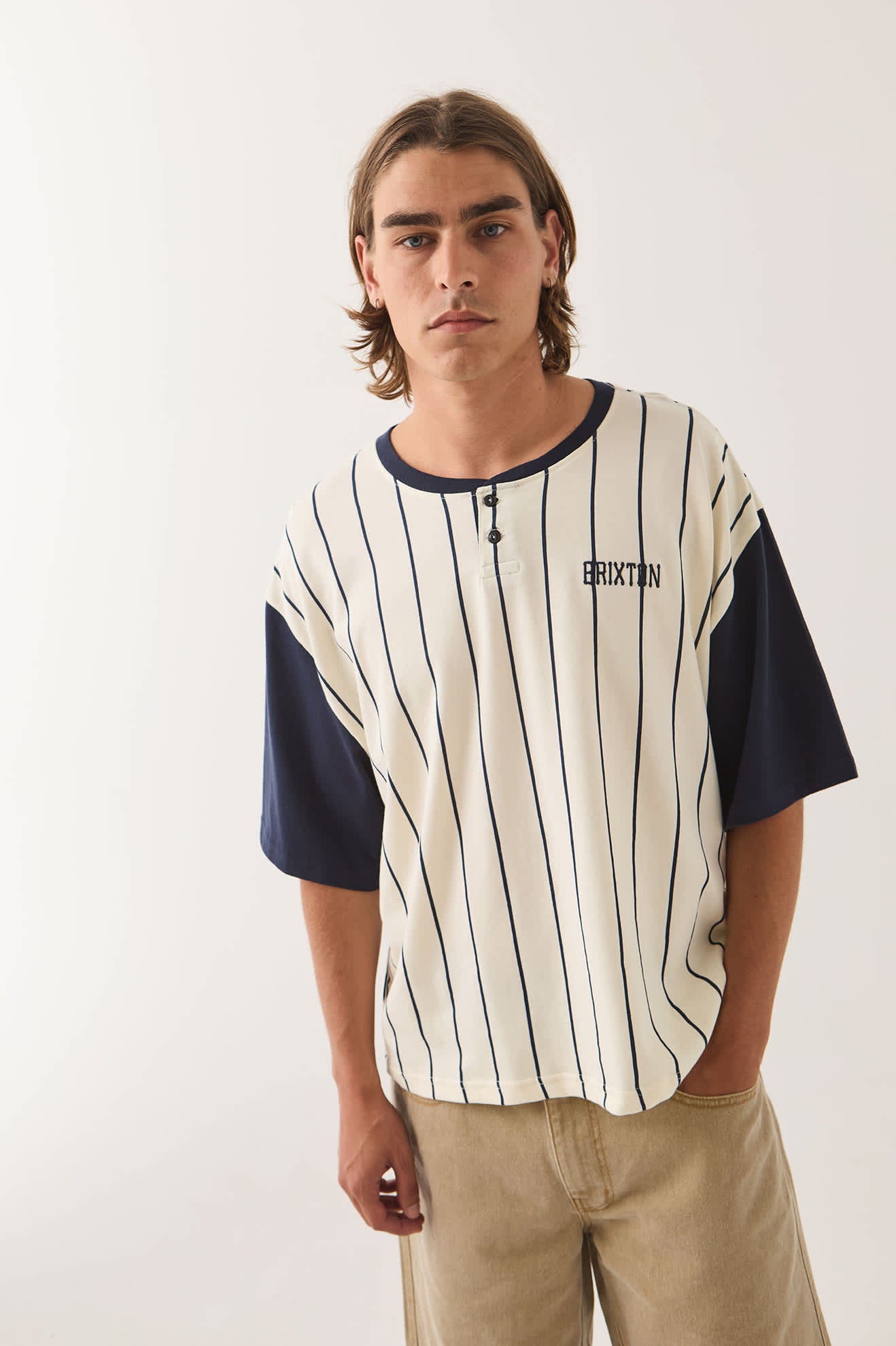 Men's Boxy Baseball T-Shirt in the color Off White Stripe/Washed Navy - Additional Fit image