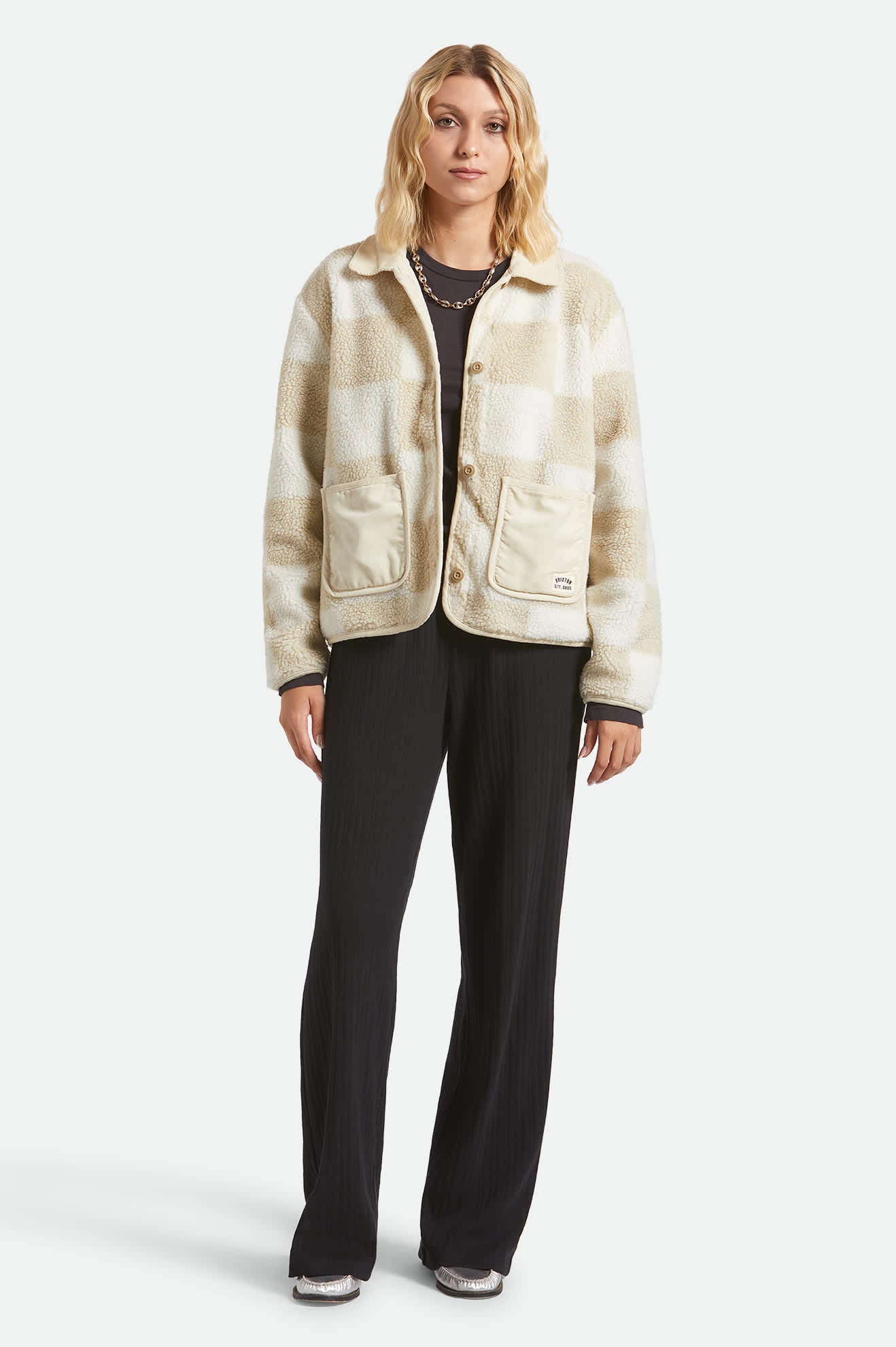 Women's Delilah Sherpa Jacket in the color White/Natural Finish Line Checker - Additional Fit image