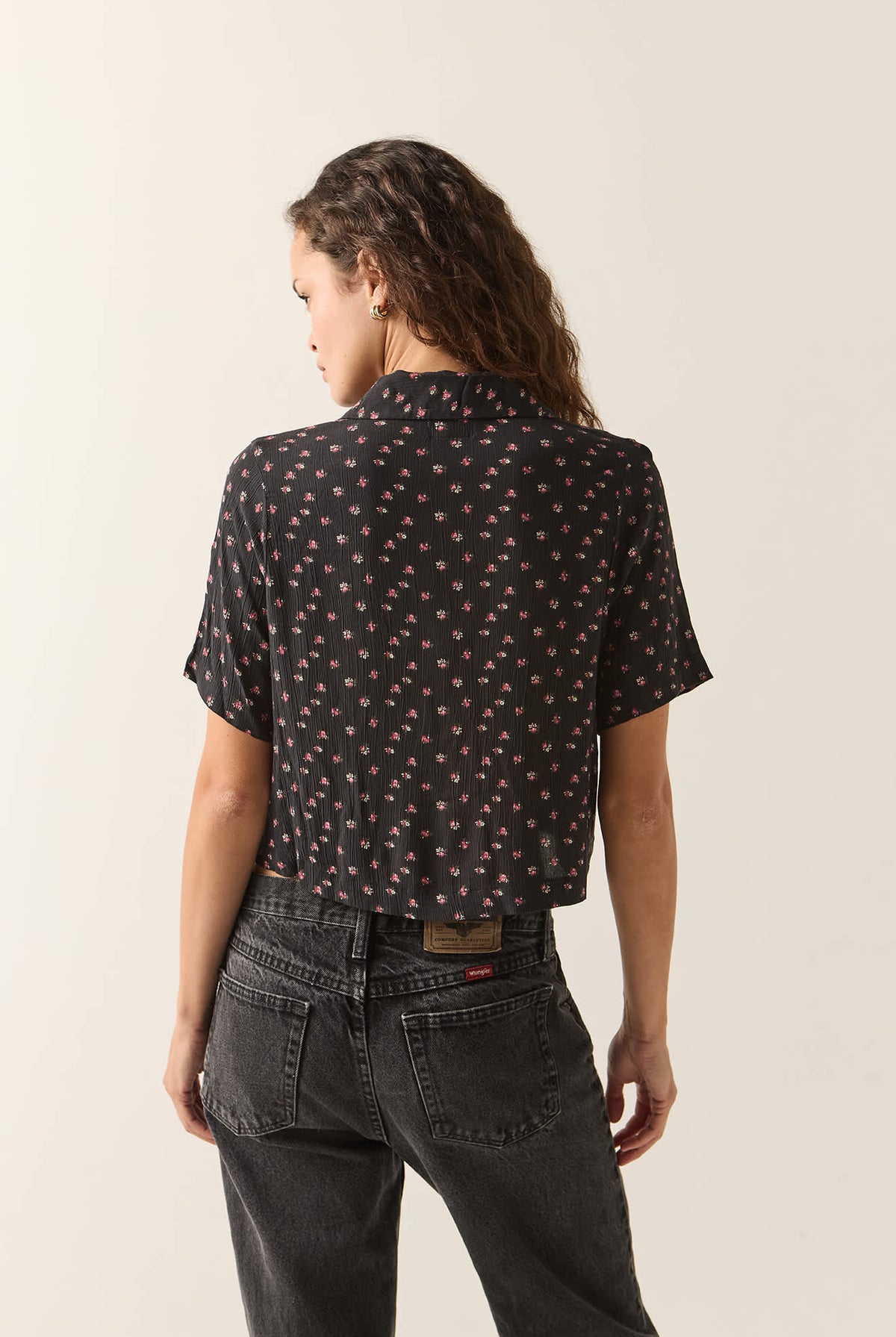 Women's Silky Bowling Button Down Shirt in the color Black Ditsy Floral - Women's Back View