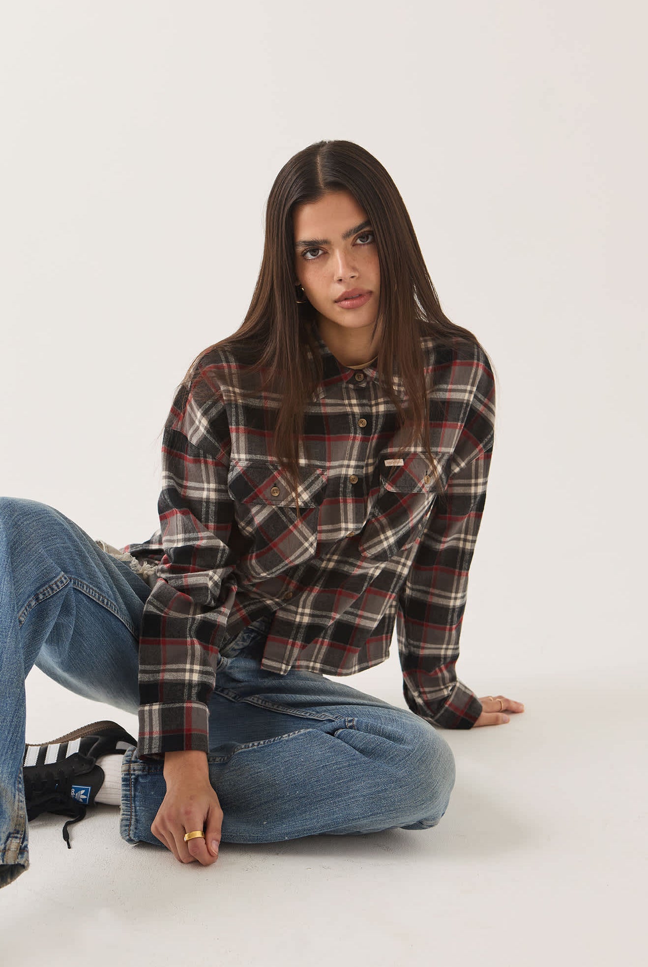 Women's Bowery Crop Women's Overshirt in the color Washed Black Plaid - Additional Fit image