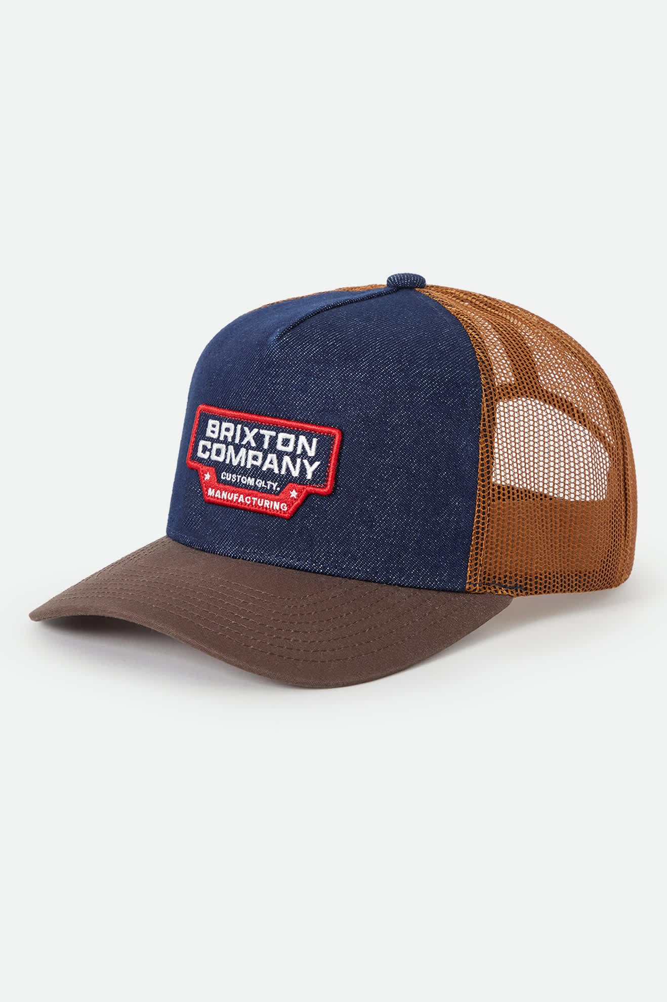 Unisex Reeves Trucker Hat in the color Washed Denim/Caramel - Front Product View