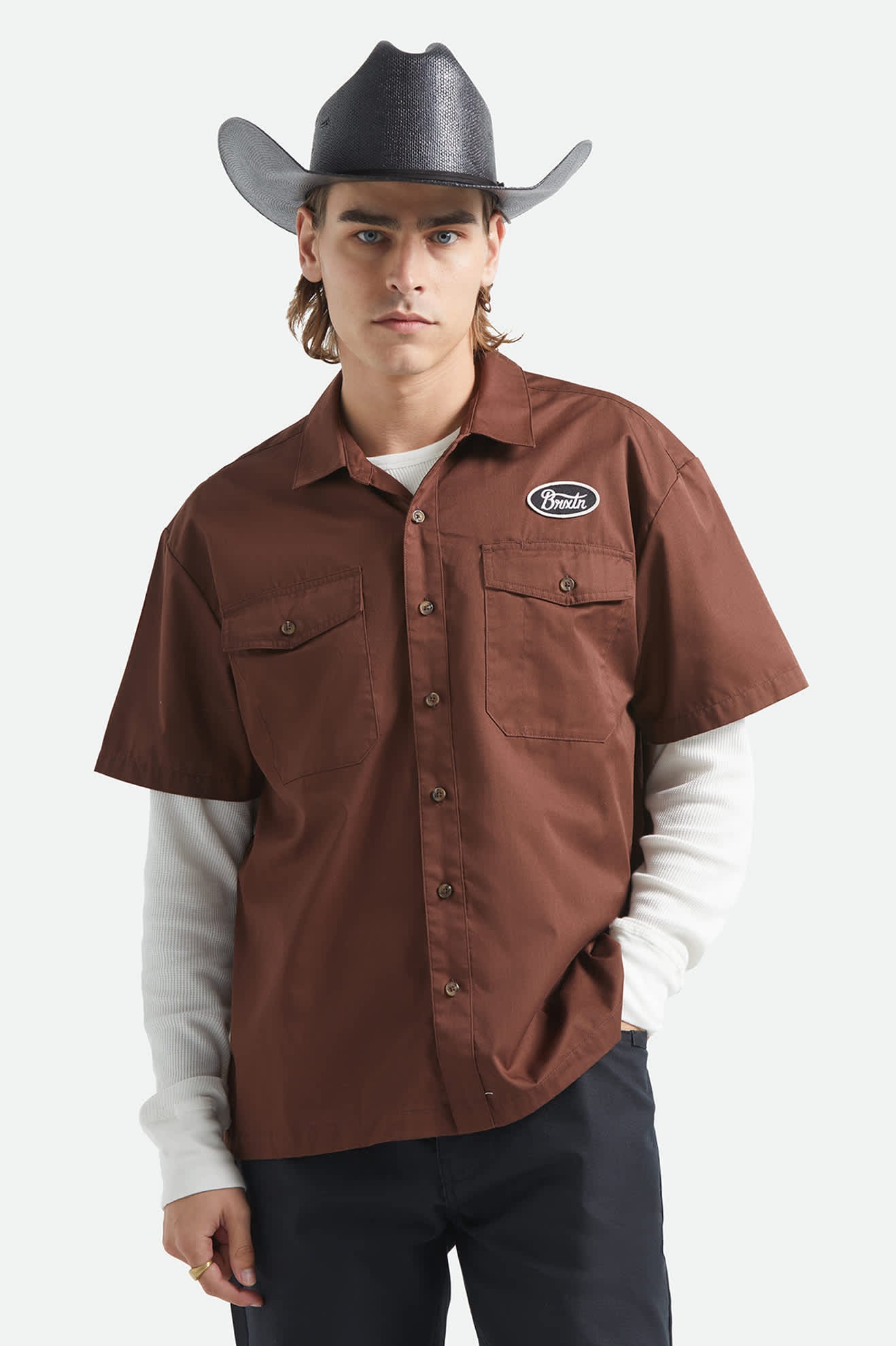 Men's Builders Olson Short Sleeve Shirt in the color Chocolate - Men's Front View