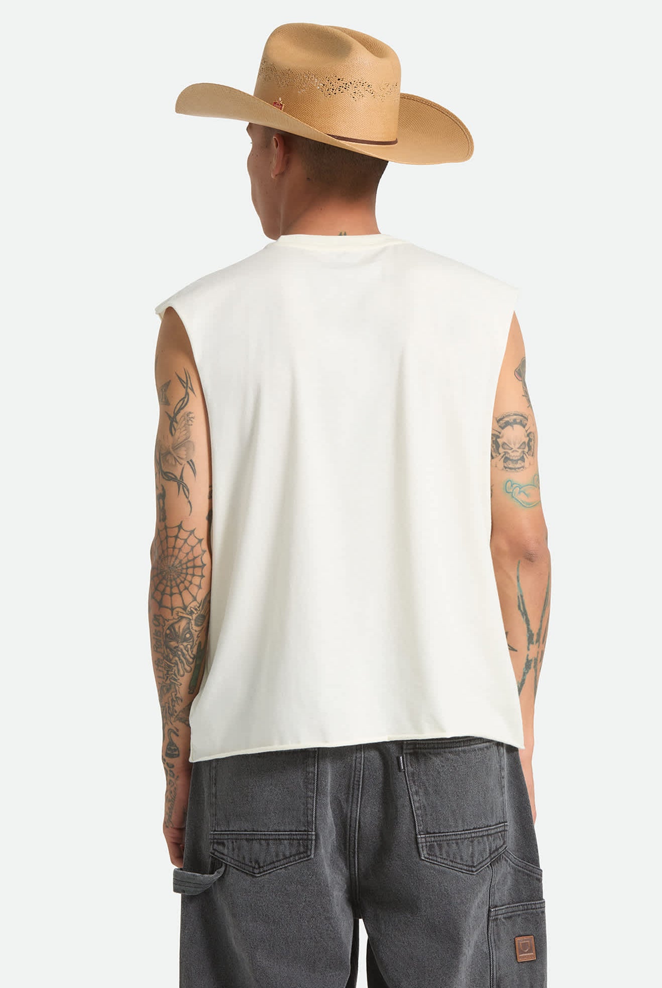 Men's Wolcott Worn In Boxy Muscle Tank in the color Off White - Men's Back View