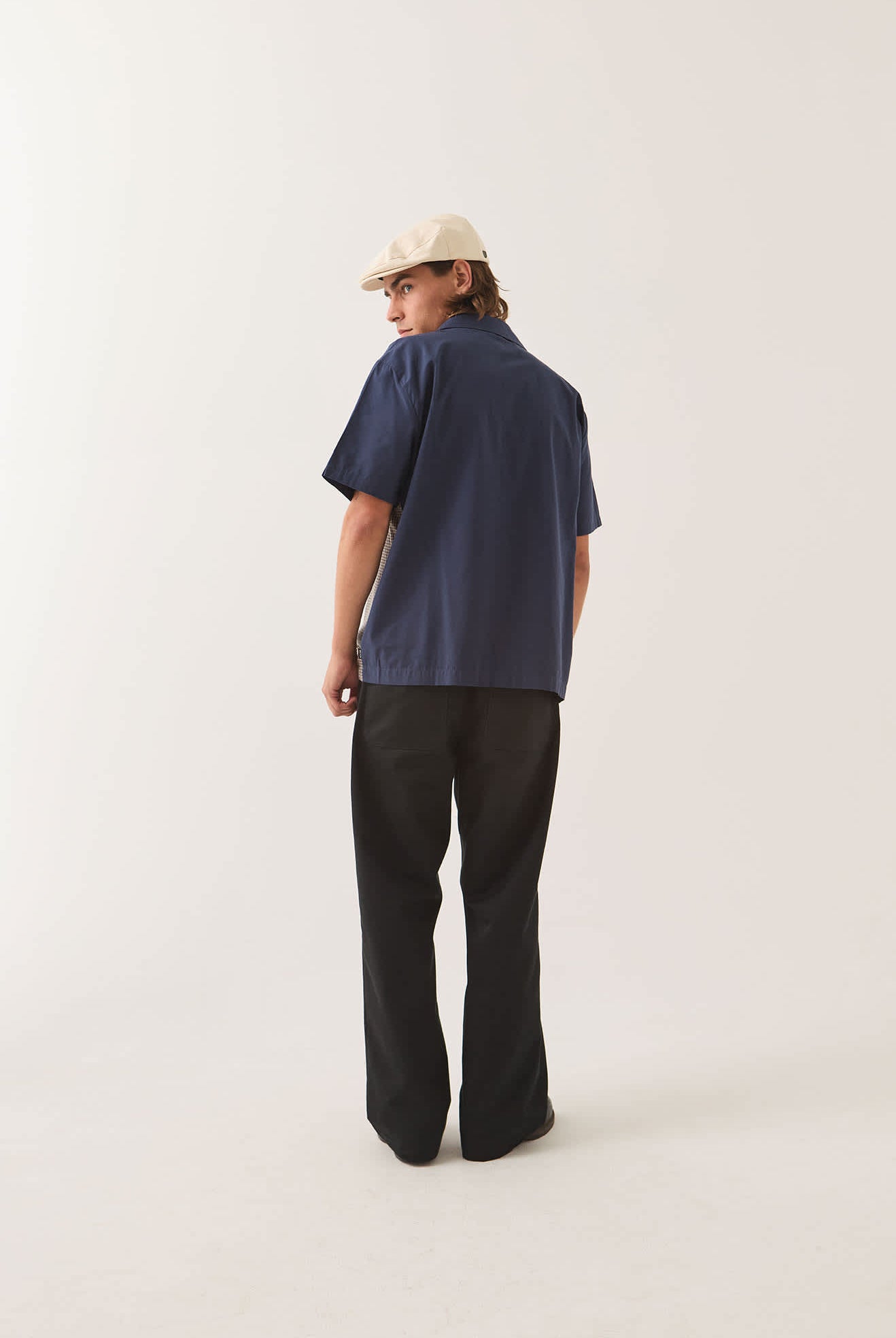Men's Cru Shirt in the color Classic Navy Color Blocked - Men's Back View