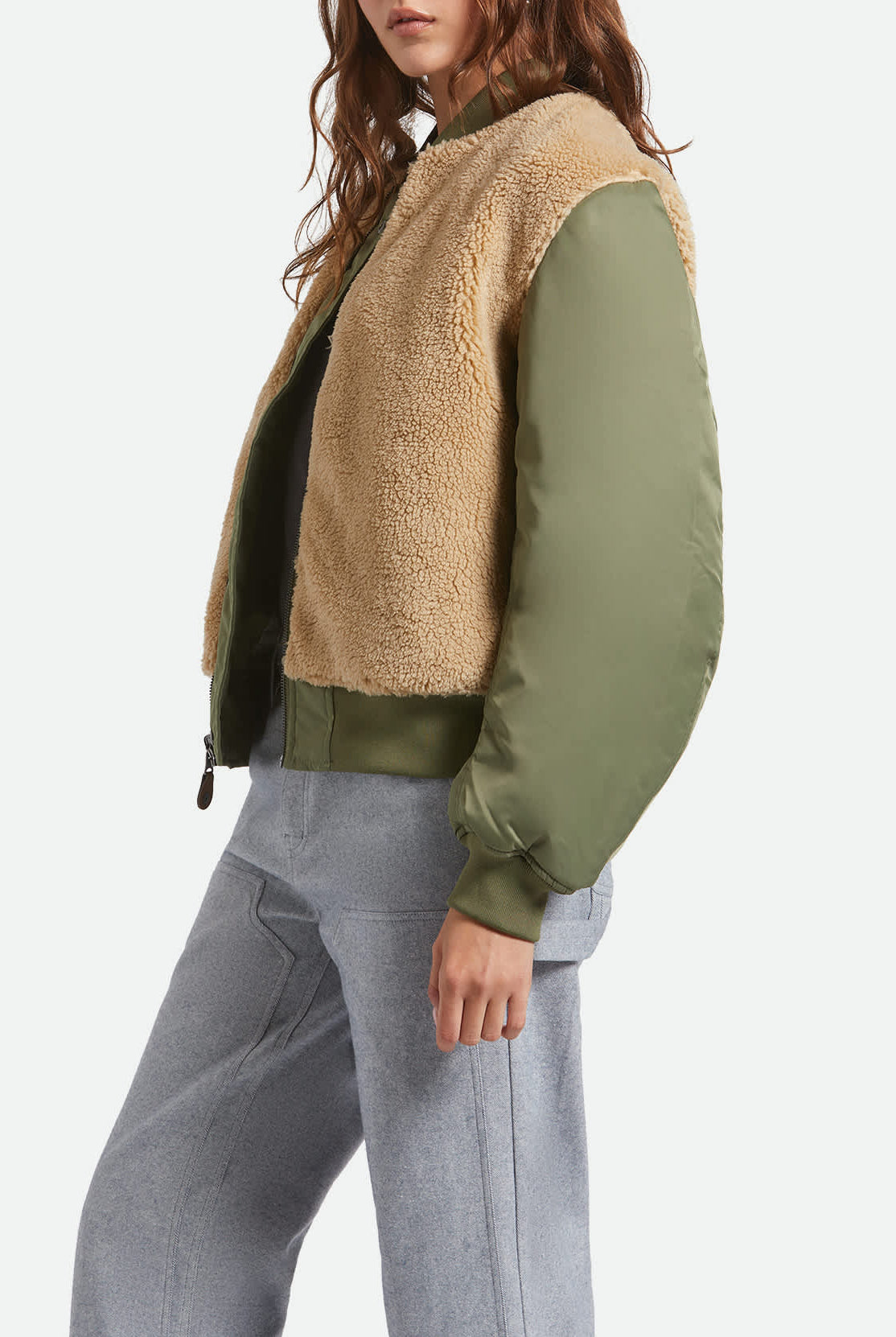 Women's Sherpa Surplus Bomber Jacket in the color Olive Surplus - Women's Side View