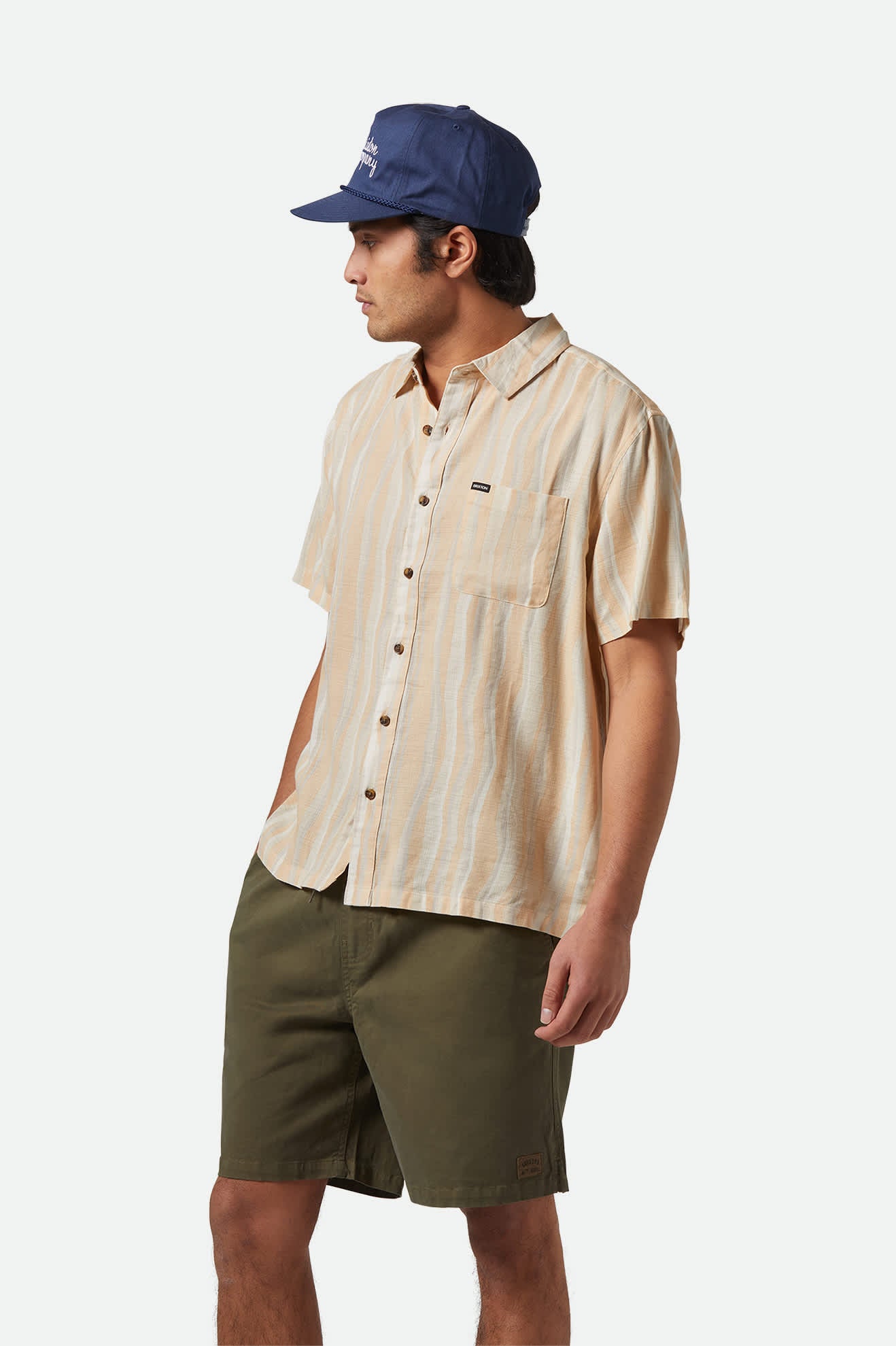 Men's CRU Slub Relaxed S/S Shirt in the color Hazelnut/Painterly Stripe - Men's Side View