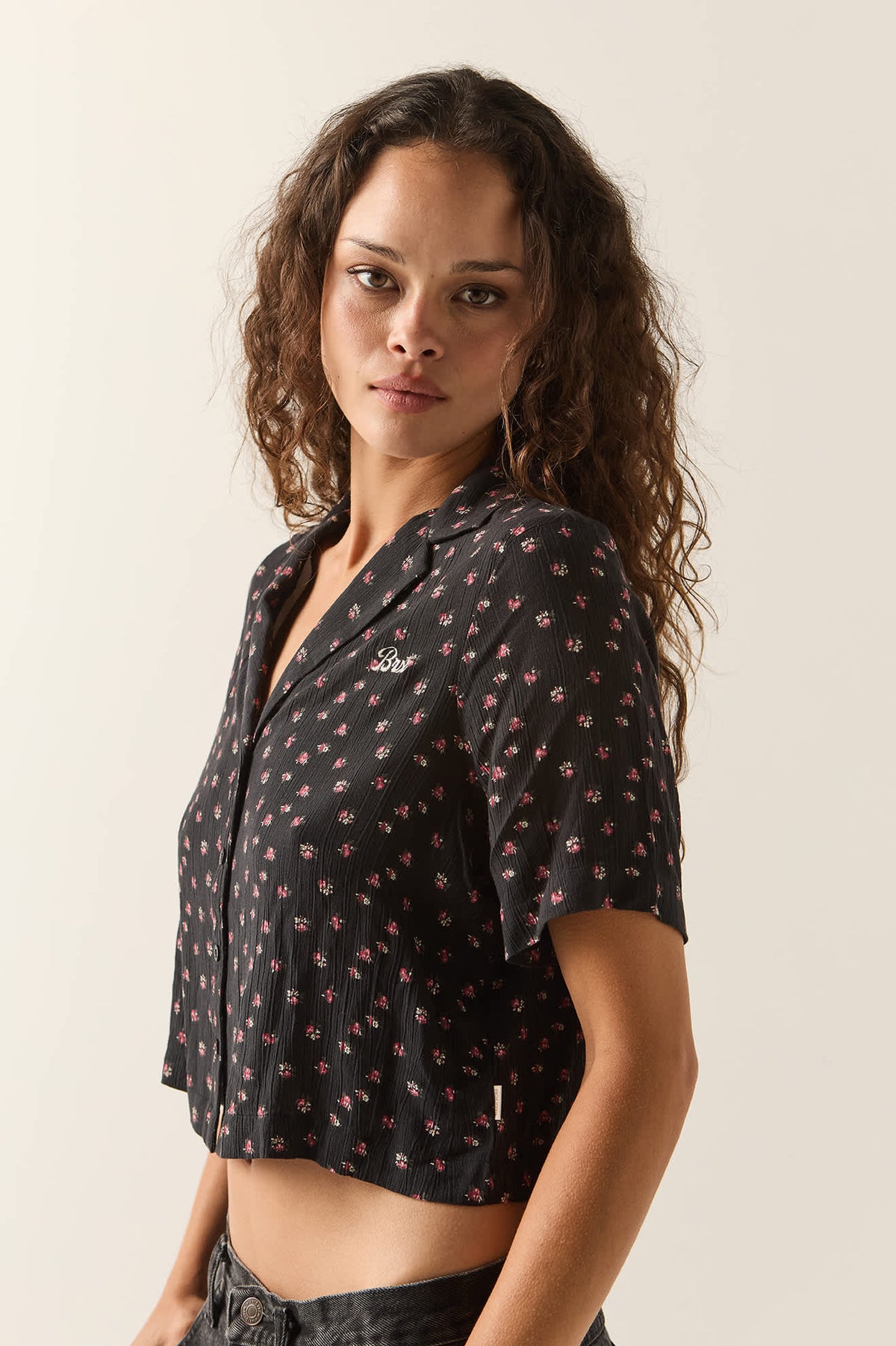 Women's Silky Bowling Button Down Shirt in the color Black Ditsy Floral - Women's Side View