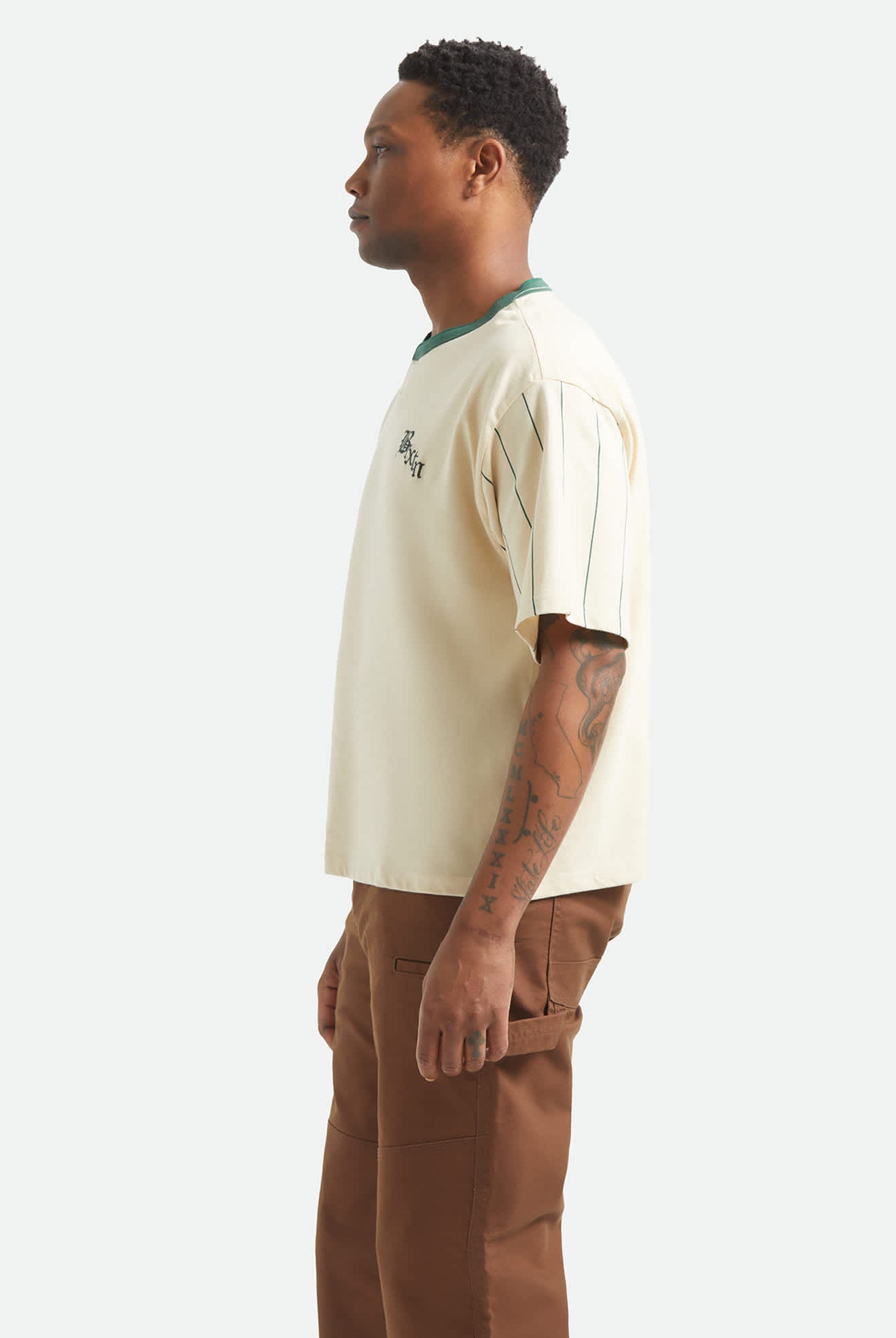 Men's Boxy Short Sleeve Baseball T-Shirt in the color Whitecap/Primal Green - Men's Side View