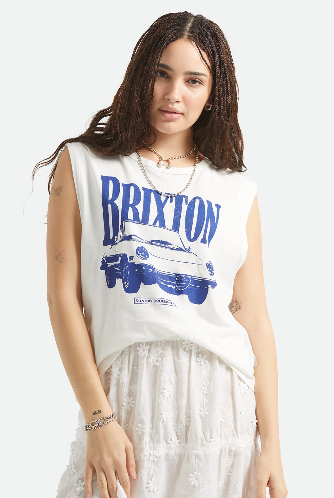 Women's Sunday Cruising Club Muscle Tank in the color Vintage White - Women's Front View