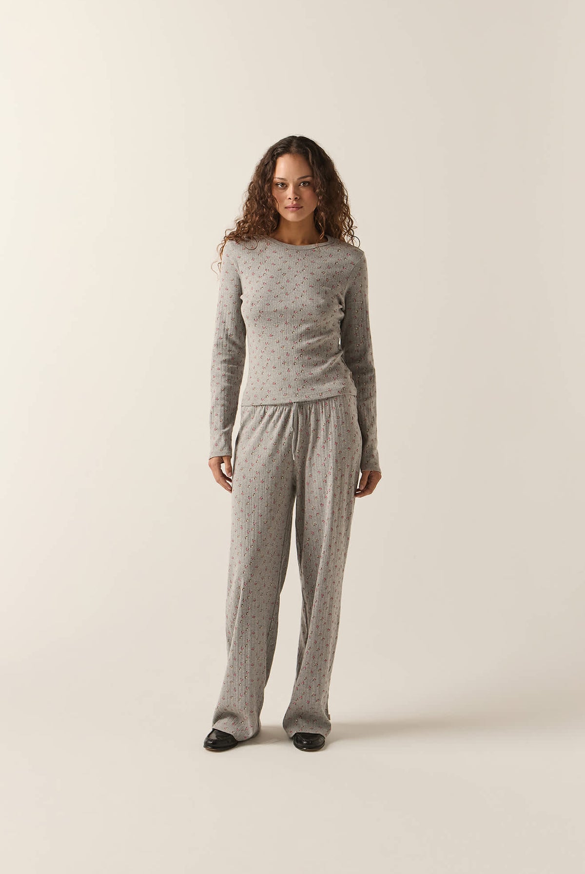 Women's Off Duty Pointelle Knit Top in the color Heather Grey Ditsy Floral - Additional Fit image