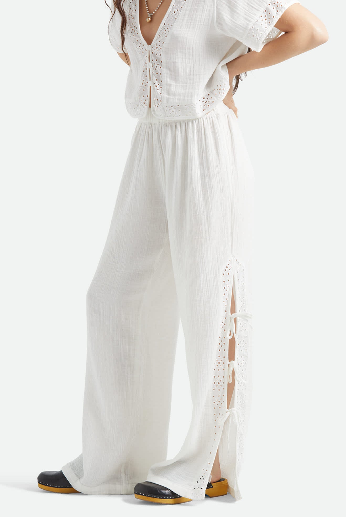 Women's Seaside Eyelet Wide Leg Pant in the color Off White Eyelet - Women's Side View