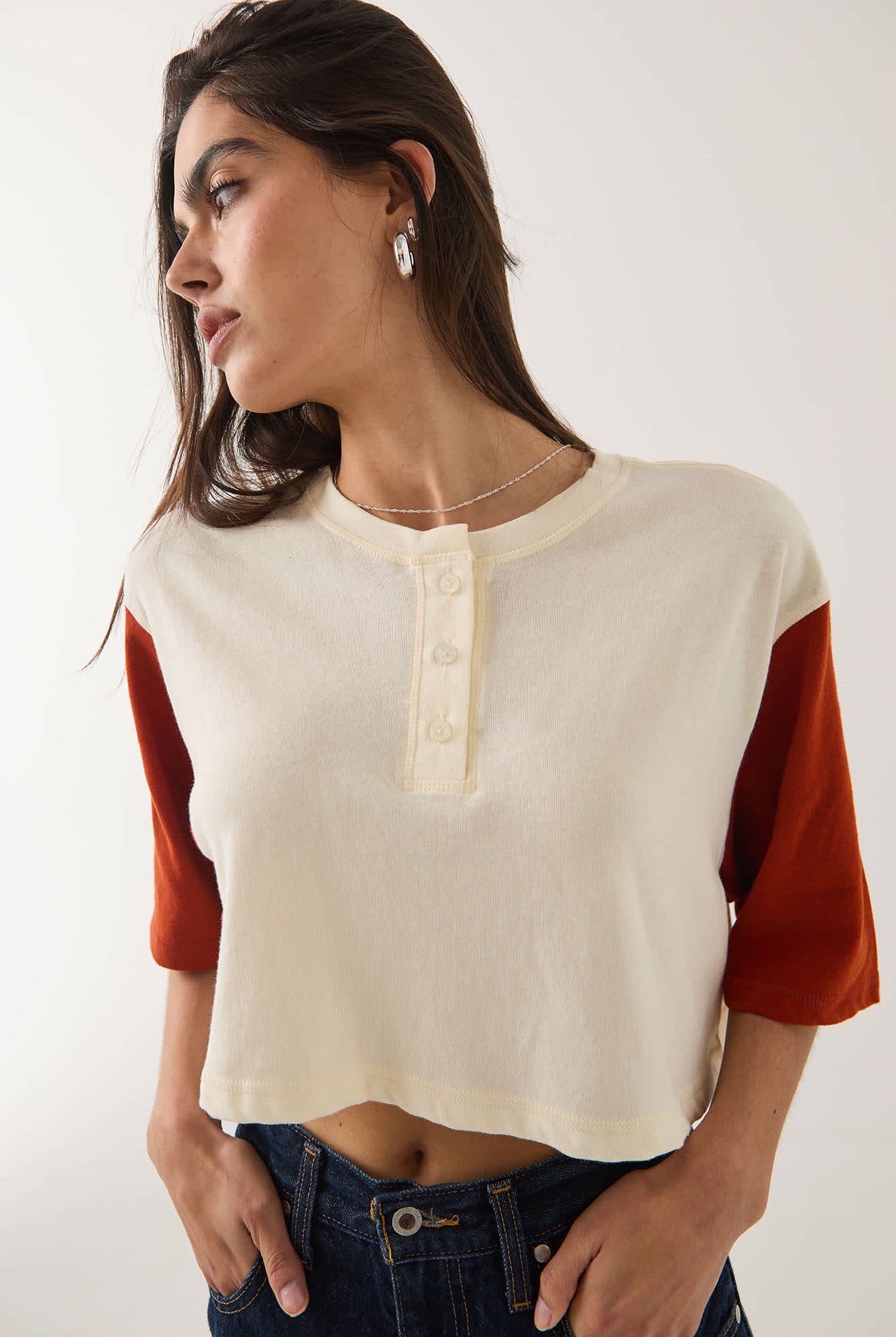 Women's Carefree Organic Garment Dye Cropped Henley in the color Off White/Rust - Additional Fit image