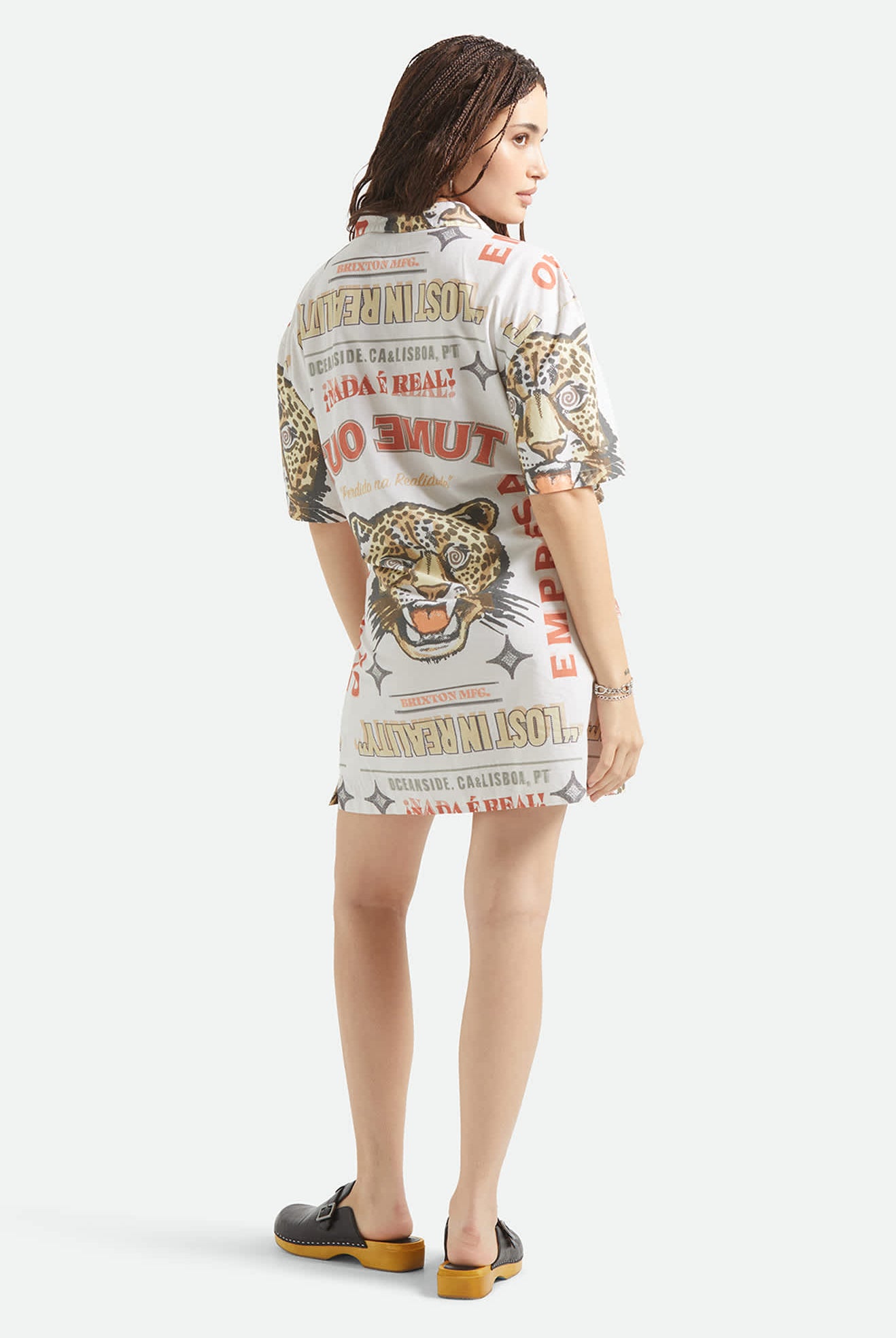 Women's The Cinch Button Down Short Sleeve Dress in the color Lost In Reality Print - Women's Back View